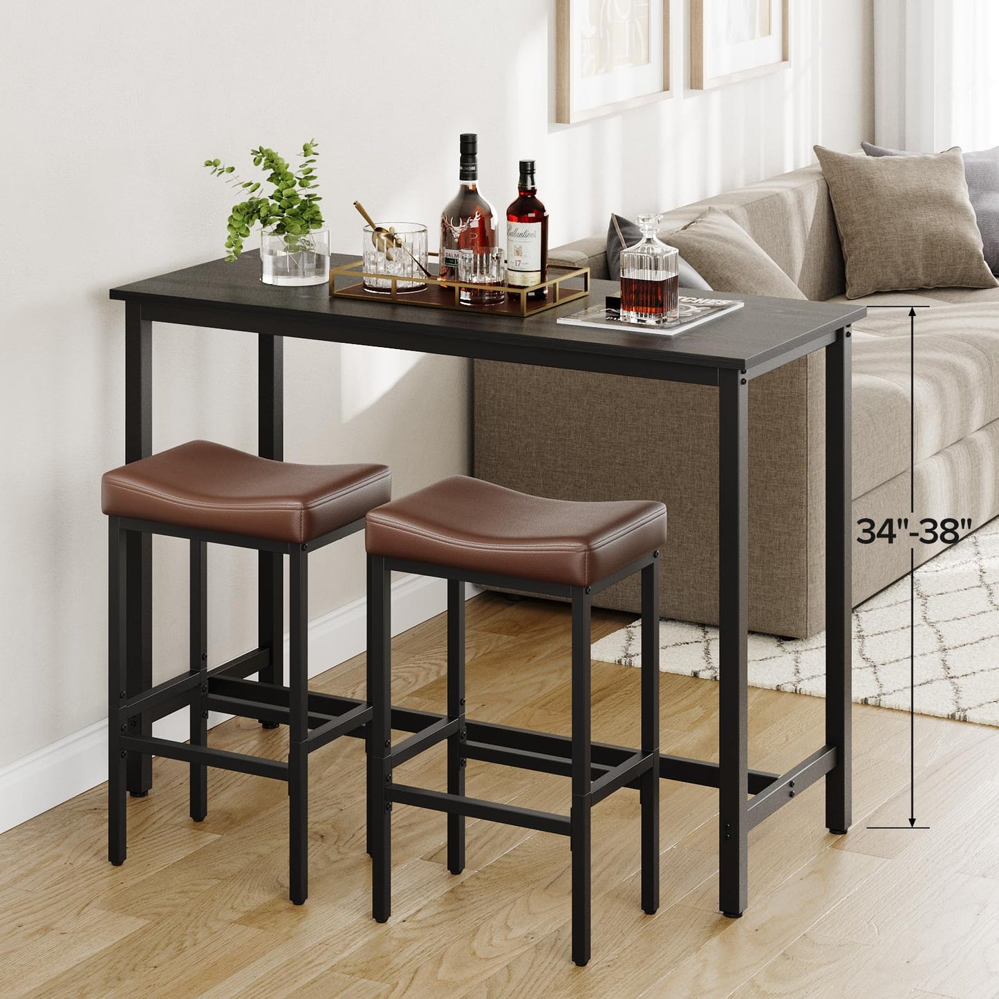 Vellorise 24 Inch Counter Height Bar Stools Set of 2, Compact Counter Stools for Small Spaces, Premium Faux Leather Barstools with Right-Sized Saddle Seat & Metal Legs, 15-Minute Easy Assembly, Black