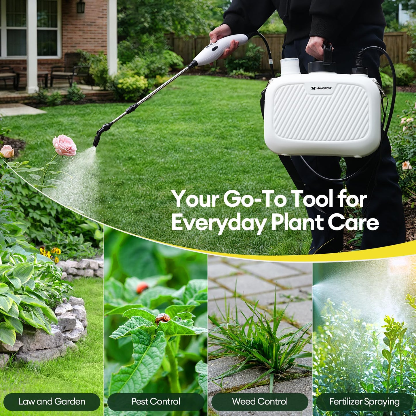 MAYGROVE 2 Gallon Electric Sprayer, Battery Powered Spray Bottle, Automatic Water Pump Plant Mister, Weed Yard Sprayer with 3 Nozzles, Ergonomic Handle, 3 Hours Long Battery Life