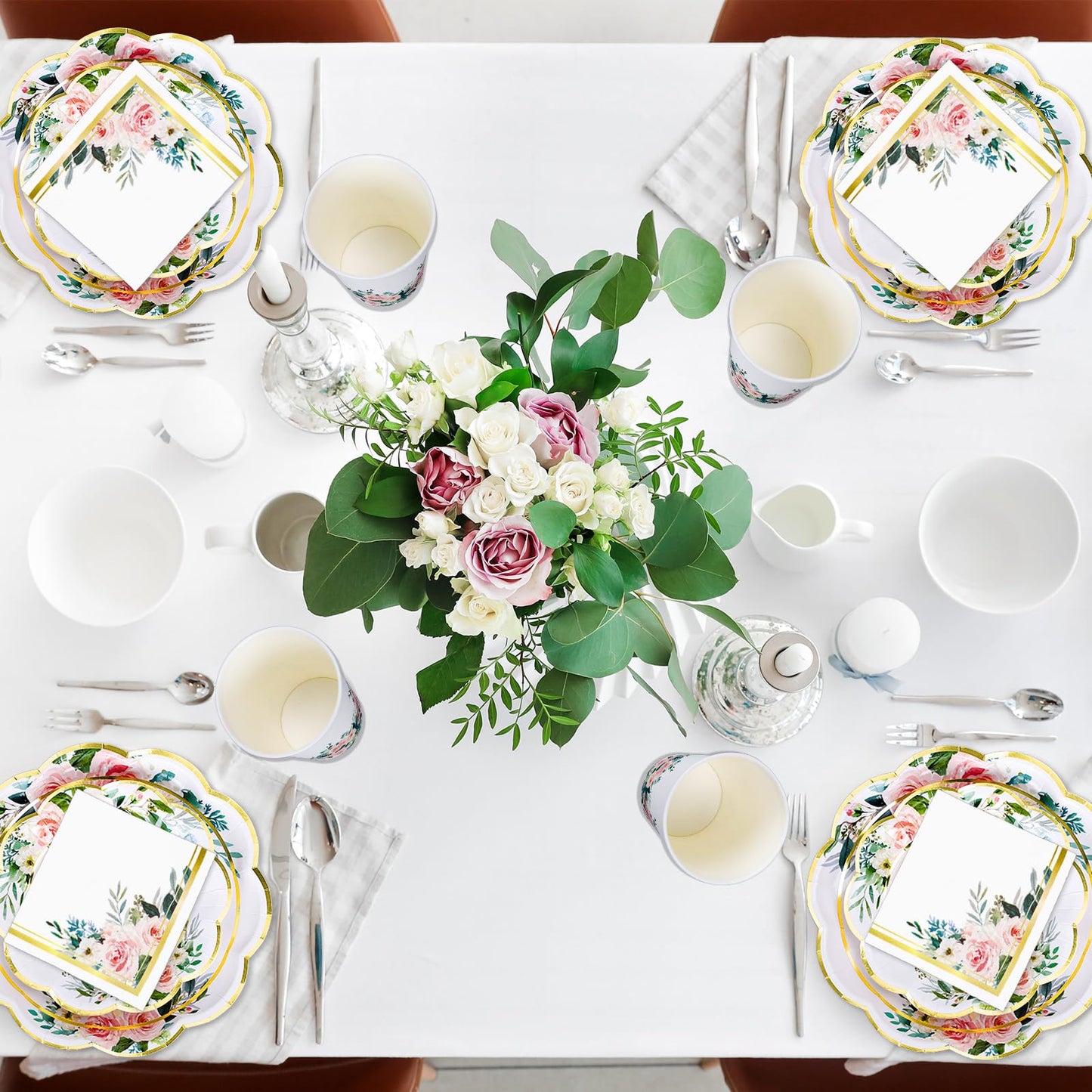 Whaline 100Pcs Pink Floral Paper Tableware Set Spring Flower Gold Foil Disposable Dinnerware Scalloped Plates Napkins and Cups for Wedding Birthday Baby Bridal Shower Party Supplies Table Decor