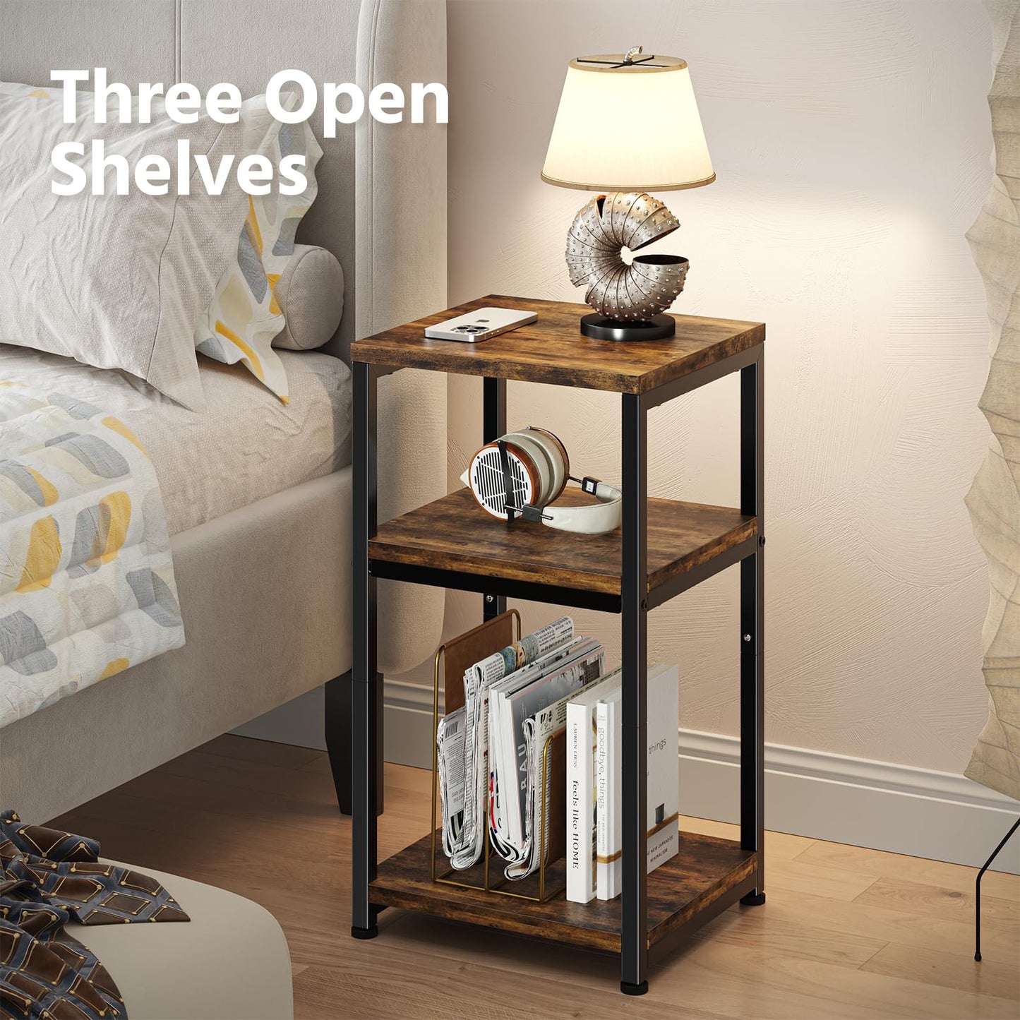 Simple Trending 3 Tier Side Table, End Table Night Stand Sofa Table Shelf for Living Room, Rustic Brown