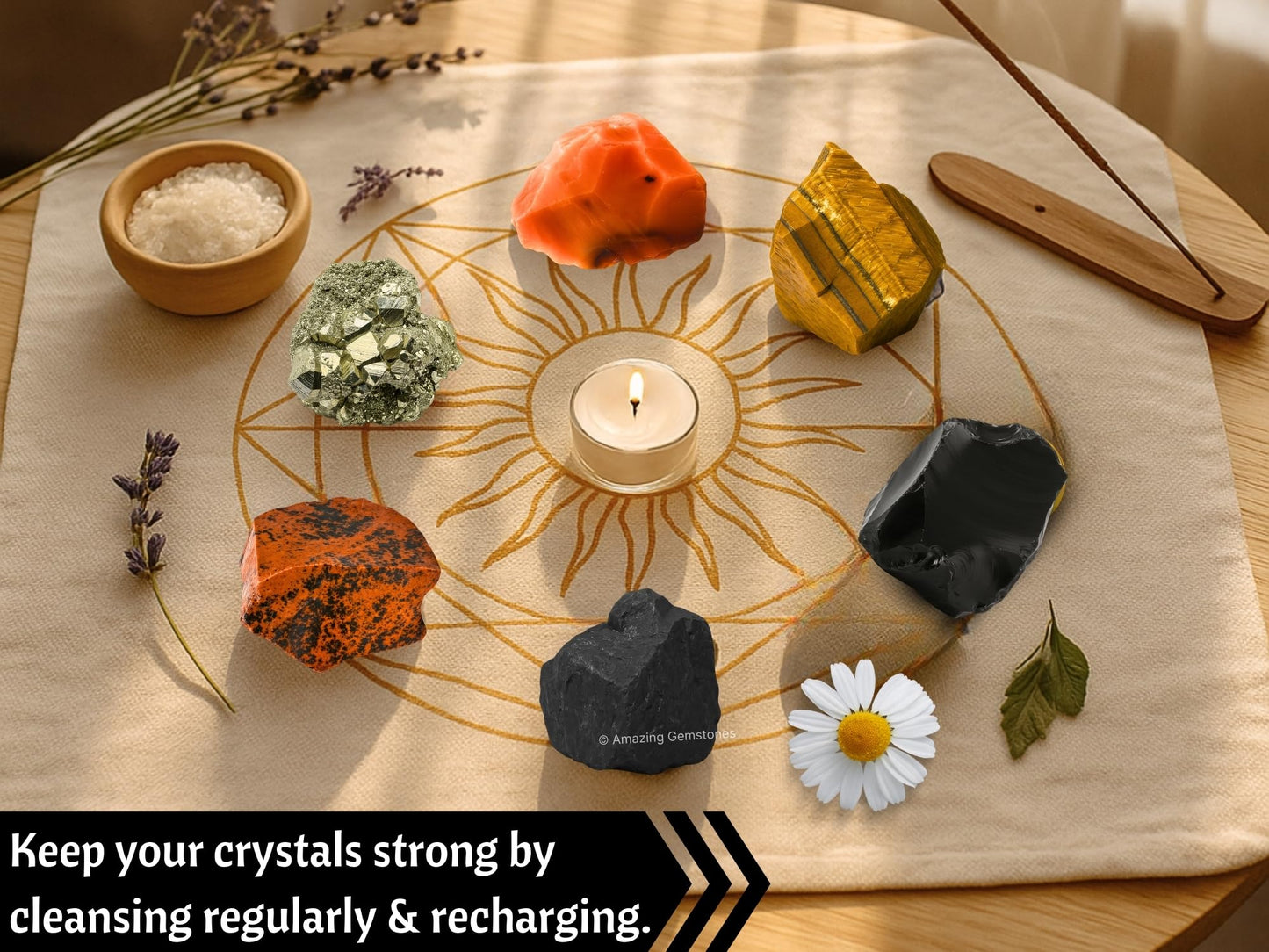 Amazing Gemstone Crystals for Protection Manifestation, Set of 6 Shungite, Pyrite, Black Obsidian, Carnelian, Tiger Eye and Mahogany Obsidian Healing Crystals and Stones