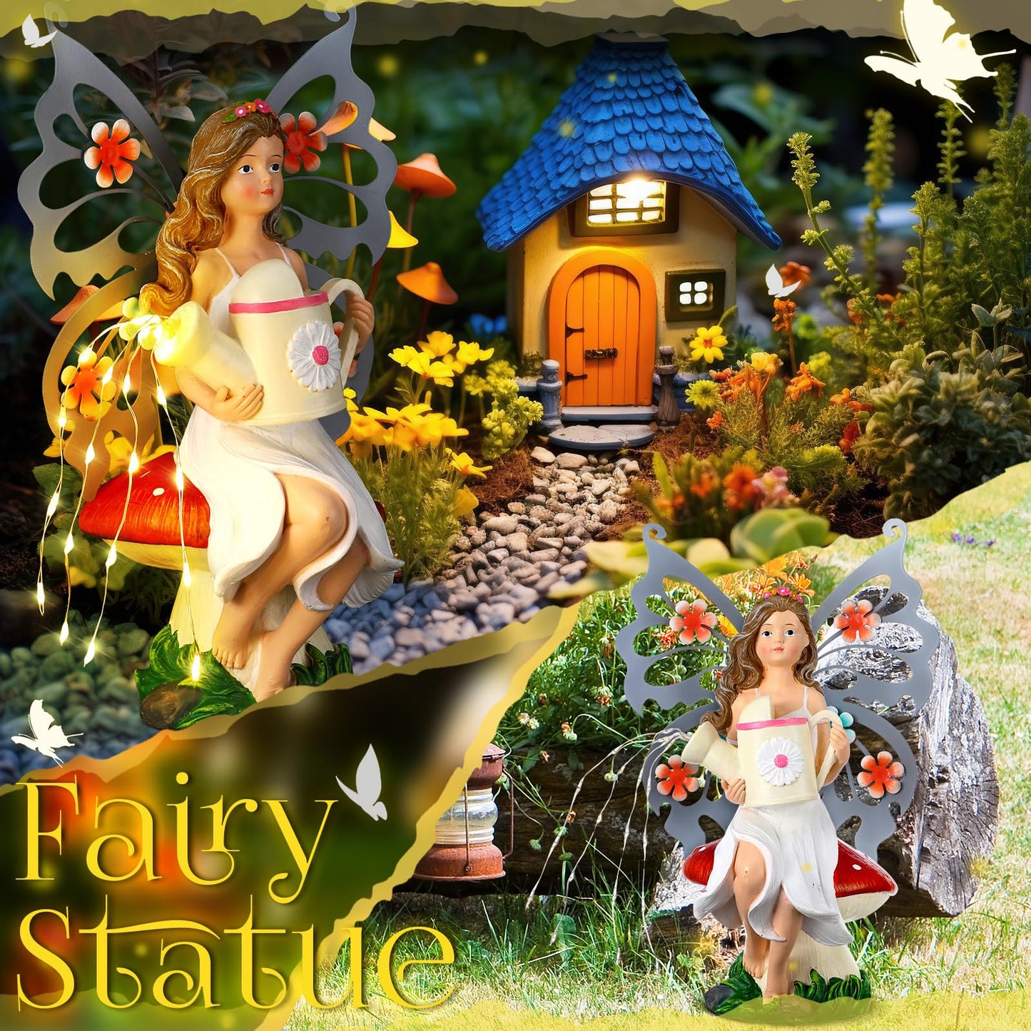Cinnvoice 9. 8'' H Fairies Garden Figurines Garden Accessories Butterfly Wing Fairy Figurine Mushroom Decor Solar Luminous Watering Can Resin Statue for Outdoor Indoor Patio Yard Home Decorations