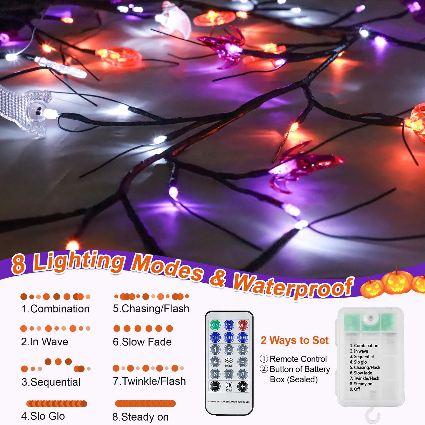 Sakayo [Timer] 6 FT Willow Vine Twig Halloween Decorations Garland with Pumpkin Bat Ghost Lights, 8 Modes Waterproof Battery Operated Halloween Lights Indoor Home Wall Window Mantle Party Decor