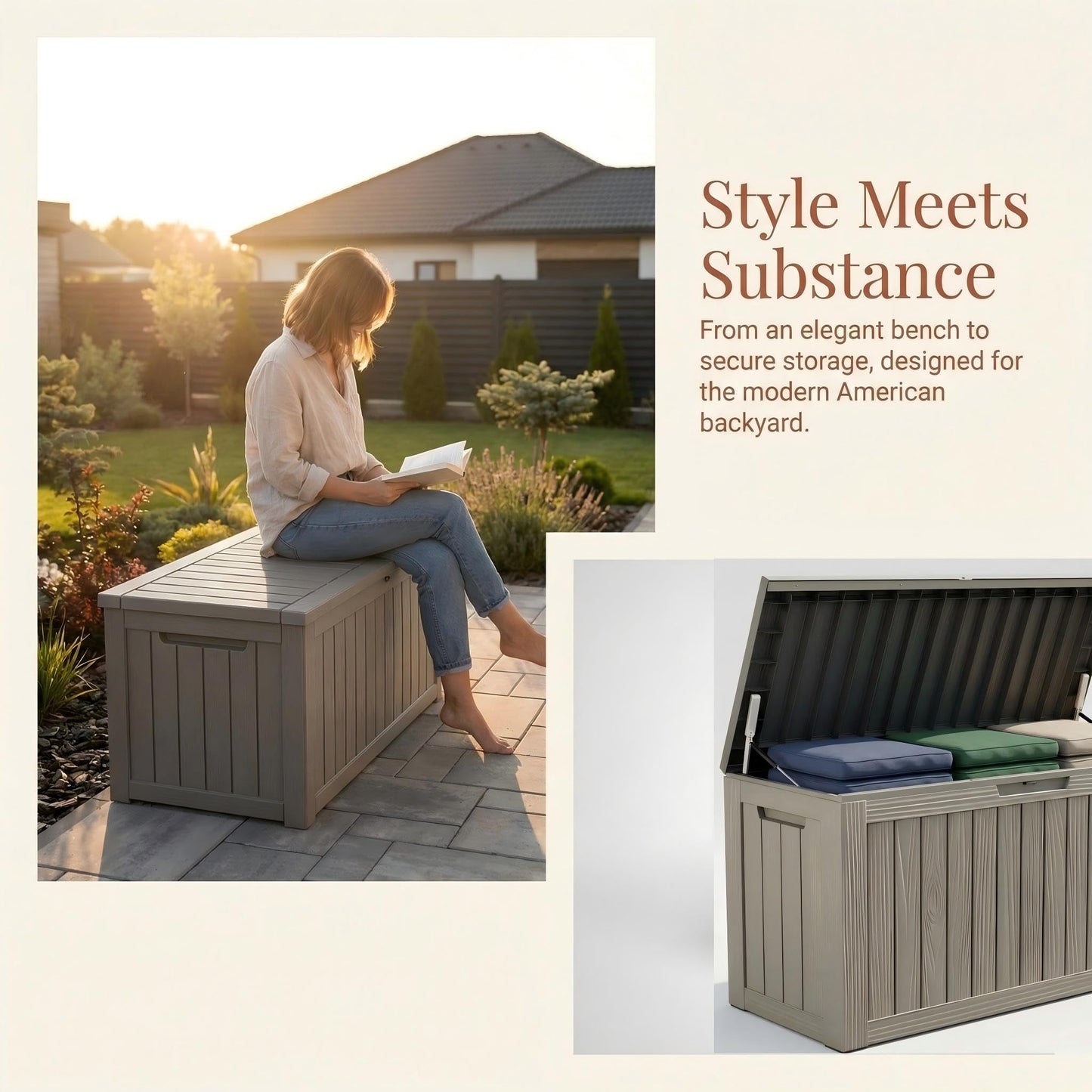 Large 231 Gallon Resin Deck Box, Heavy Duty Lockable Patio Storage Box Outdoor, Waterproof Tool Box for Garden Furniture Cushions & Pool Supplies, Wood Grain Outdoor Storage Bench for Backyard