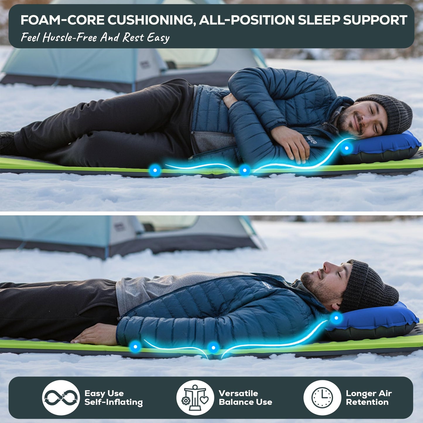 Gear Doctors Oxylus 4.3R-Value Insulated Foam Self Inflating Sleeping Pad Camping—Sleeping Pad Backpacking Air Mattress—Camping Mattress Self Inflating Camp Mat 4 Seasons Sleep Mat—Camp/Floor/Tent/Cot