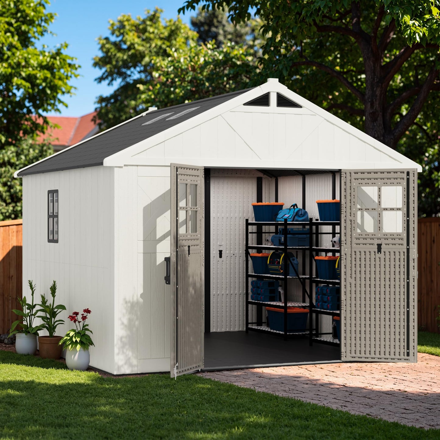 Greesum 10×10FT Plastic Outdoor Storage Shed with Floor and Lockable Door, Resin Sheds with Windows and Skylights, Organization for Garden, Lawn, Backyard, Beige