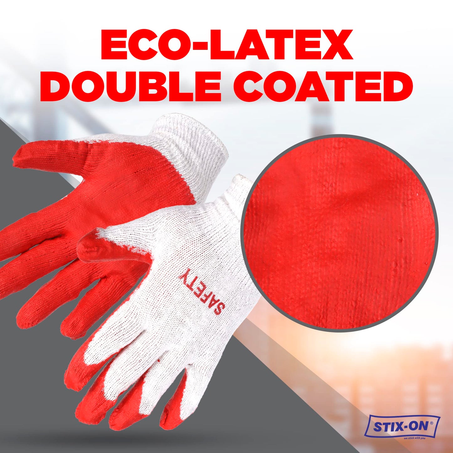 STIX-ON SAFETY Non-Slip 100 Pairs Work Construction Gloves - Red Latex Cotton Working Nitrile Rubber Palm Coated Garden Medium/Large (Pack of 100)