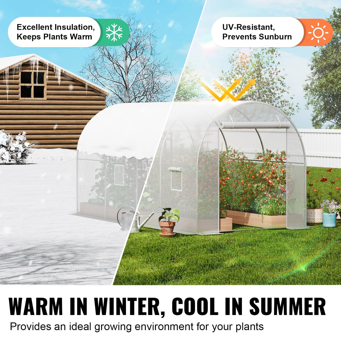 VEVOR Walk-in Tunnel Greenhouse, 9.6x6.4x6.2 ft Hoop House Greenhouse Tunnel, Plant Hot House with Galvanized Steel Frame, White PE Cover, Roll-up Zipper Door and 6 Windows for Outdoor
