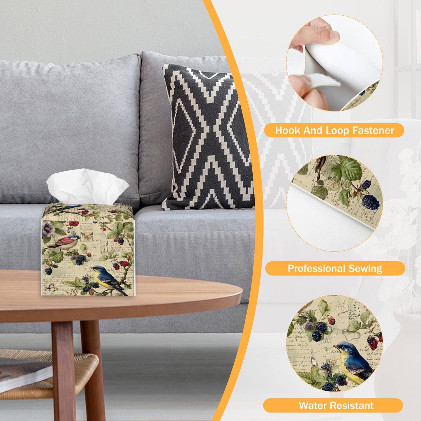 Spring Bird 2 Pcs Tissue Box Cover Square Leather Tissue Case Holder Facial Paper Organizer Decorative for Bathroom Kitchen Car Office Home Decor