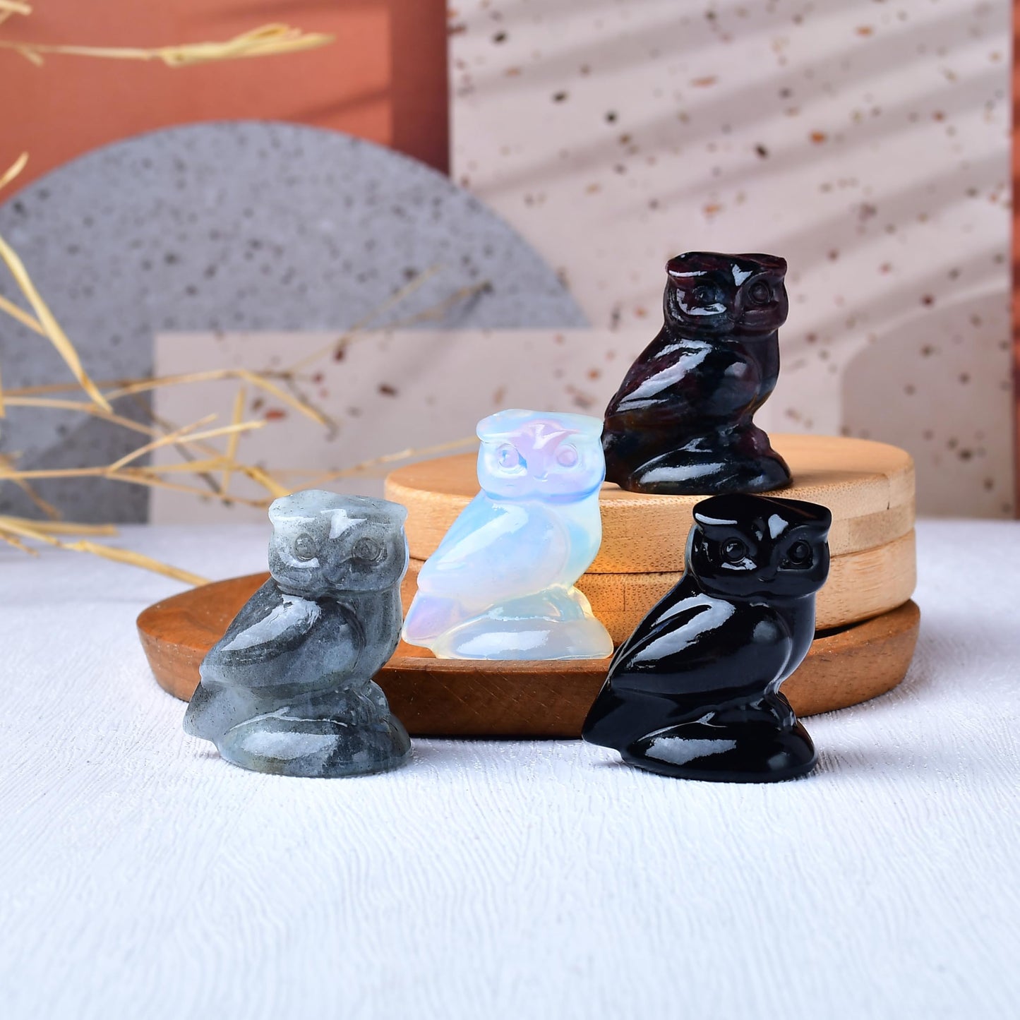 WUYOUSHI Moonstone Crystal Owl Figurine Hand Carved Lucky Stone Statue for Healing Home Office Decor Spiritual Gift for Women Men