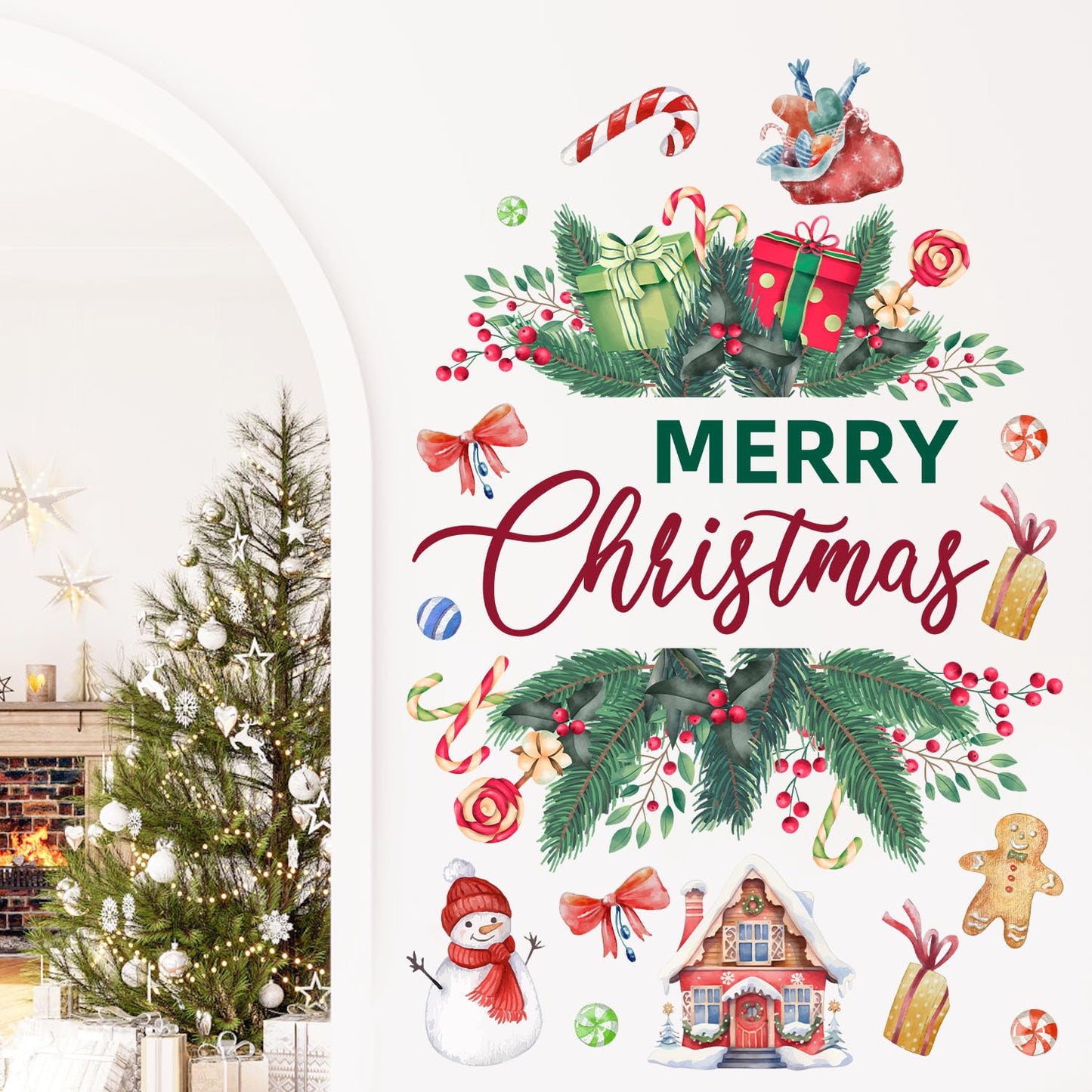 Merry Christmas Wall Decals Stickers Holiday Party Backdrop Decorations Festive Arch Backdrop Home Decor Christmas Photography Background Stickers for Living Room Nursery Home
