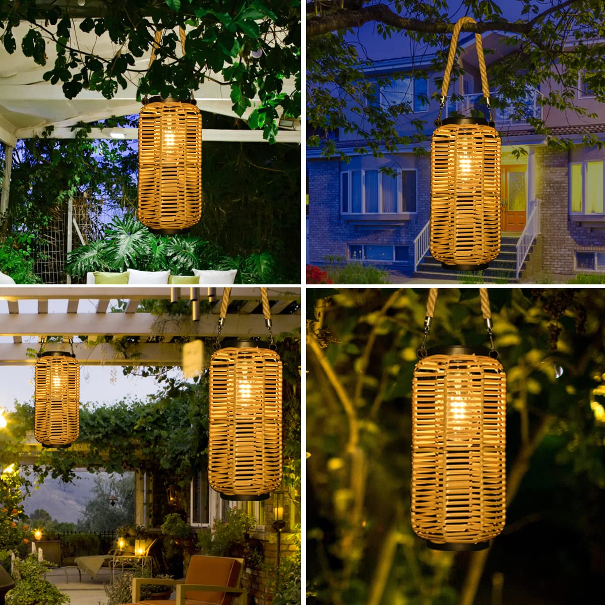 Livinlarge Solar Lantern Outdoor Hanging Lights, Rattan Lantern Waterproof with Twine Handle, Bright Solar Outdoor Lights with Edison Bulb for Garden Patio Yard Tabletop Decoration
