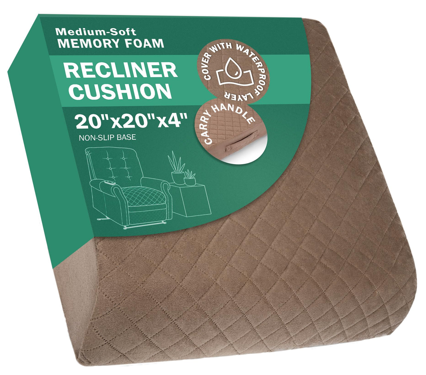 COMFORTANZA Medium-Soft 20x20x4 Memory Foam Recliner Chair Seat Cushion for Long Sitting - Armchair Pad with Washable Velvety Cover with Waterproof Layer & Non-Slip Base for Seniors & Elderly - Brown