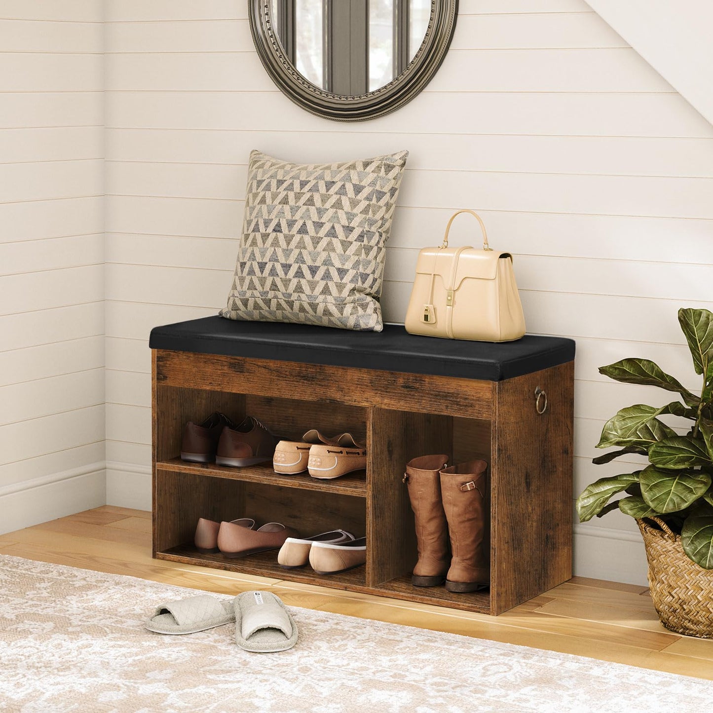 HOOBRO Shoe Storage Bench with Cushion, 32.3'' Entryway Bench with Lift Top Hidden Storage and Adjustable Shelves, Wooden Shoe Rack Bench for Entryway Bedroom, Rustic Brown and Black BF40HX01