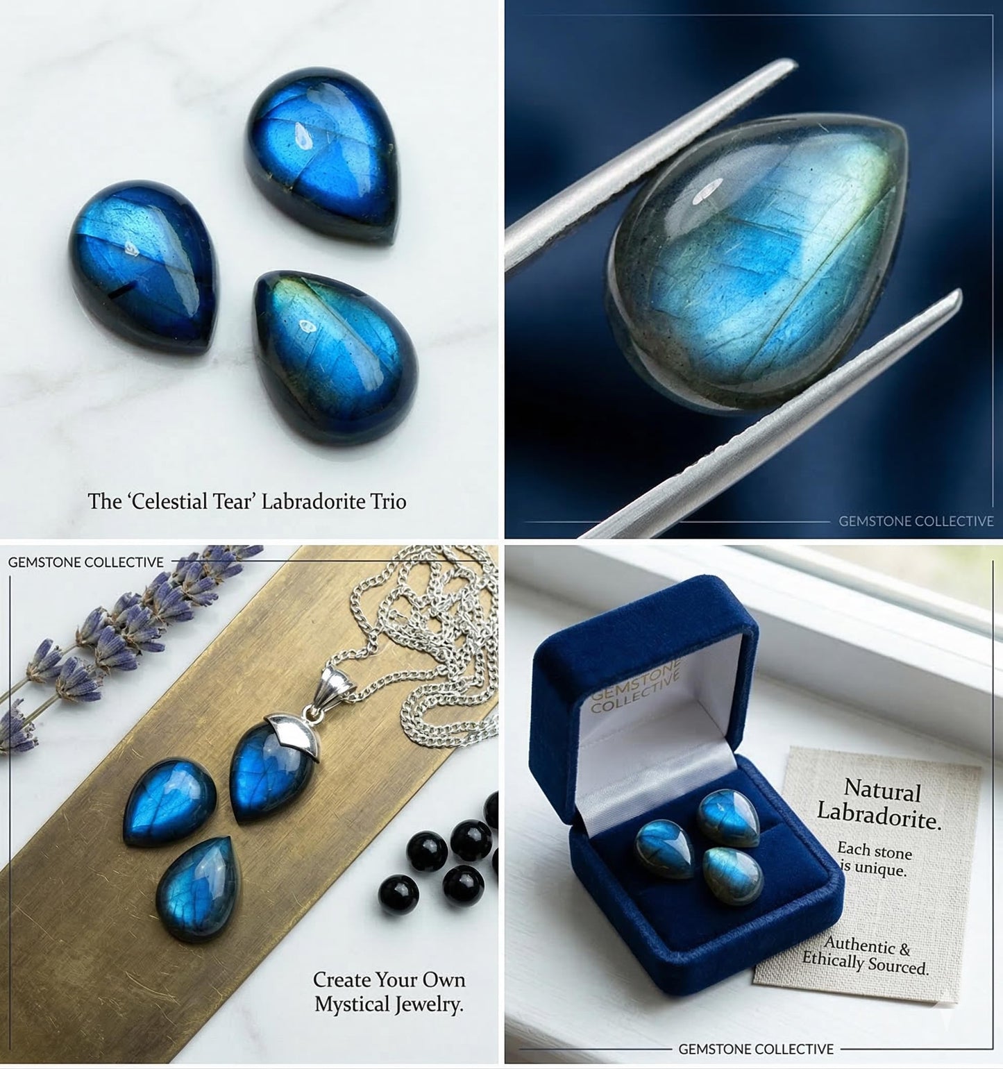 Myhealingworld Natural Calibrated 10x14mm Pear Shape Blue Fire Labradorite Cabochon Loose Gemstone 3pcs box. For Healing Wellness and Jewelry Making.