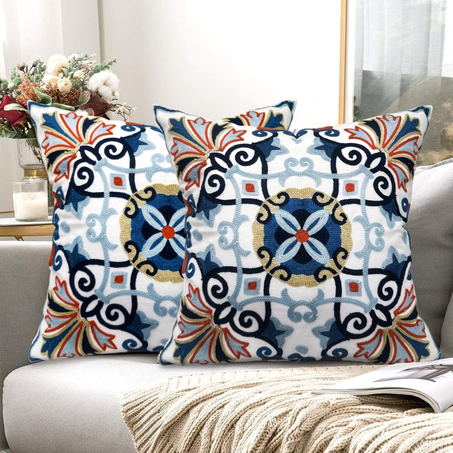 Alysheer Embroidered Fall Decorative Throw Pillow Cover 18"x 18" Set of 2, Boho Navy Blue Floral Embroidery Patterned Cotton Cushion Case for Sofa Couch Living Room Bedroom Outdoor