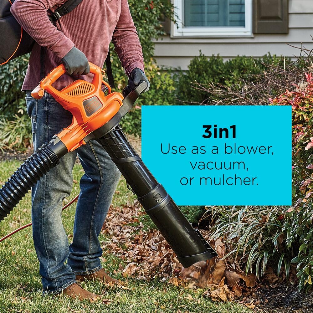 BLACK+DECKER Leaf Blower, Leaf Vacuum and Mulcher 3 in 1, Backpack Blowers for Lawn Care,250 mph Airflow, 400 cfm Delivery Power, Reusable Bag Included, Corded (BEBL7000)