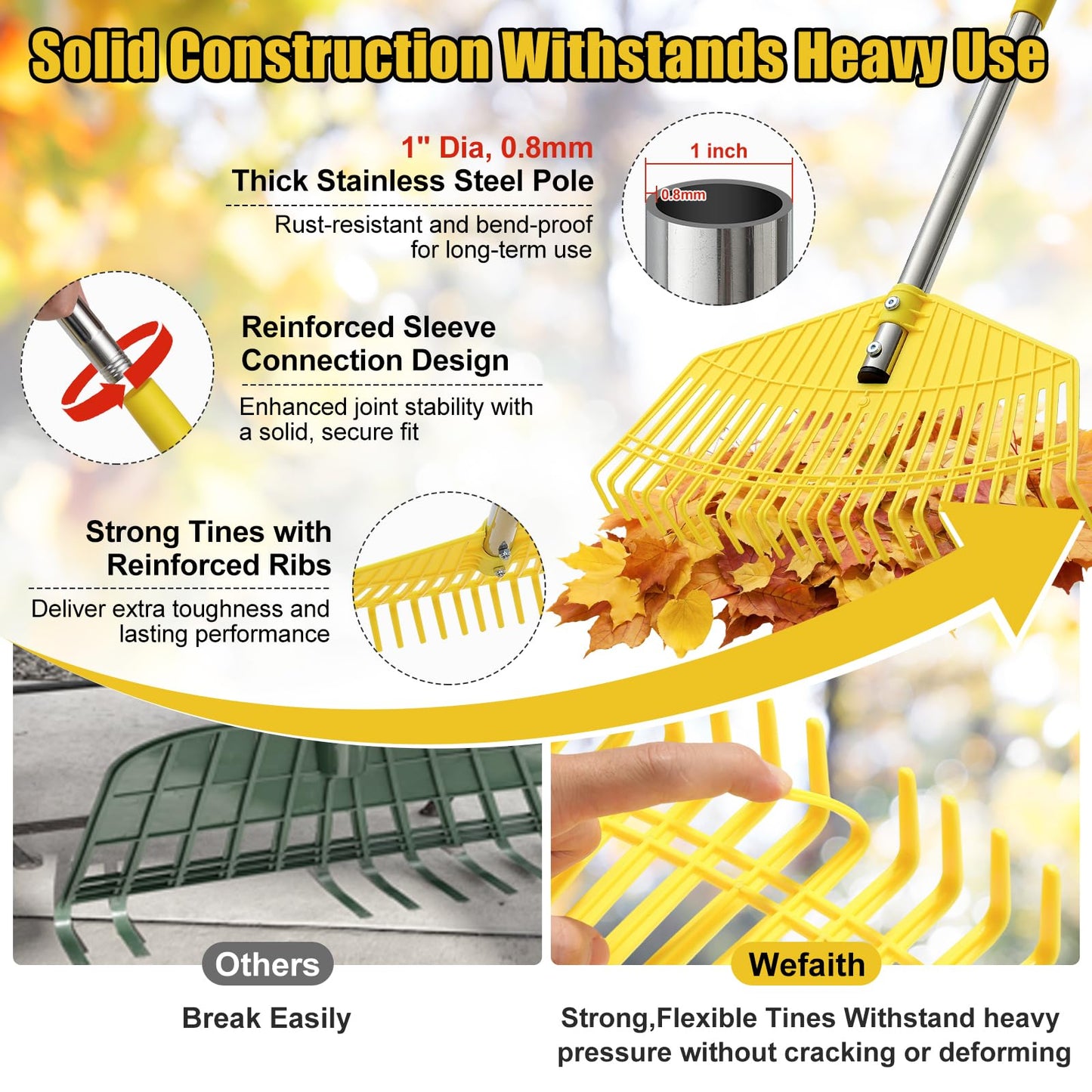 Lightweight Leaf Rake for Lawns - Anti-Break Nylon Plastic Head,Easy Yard & Garden Rake for Women,Seniors,Kids, 16.5" Wide for Leaves, Grass,Pine Needles,Gardening,Adjustable 35–65" Long Handle