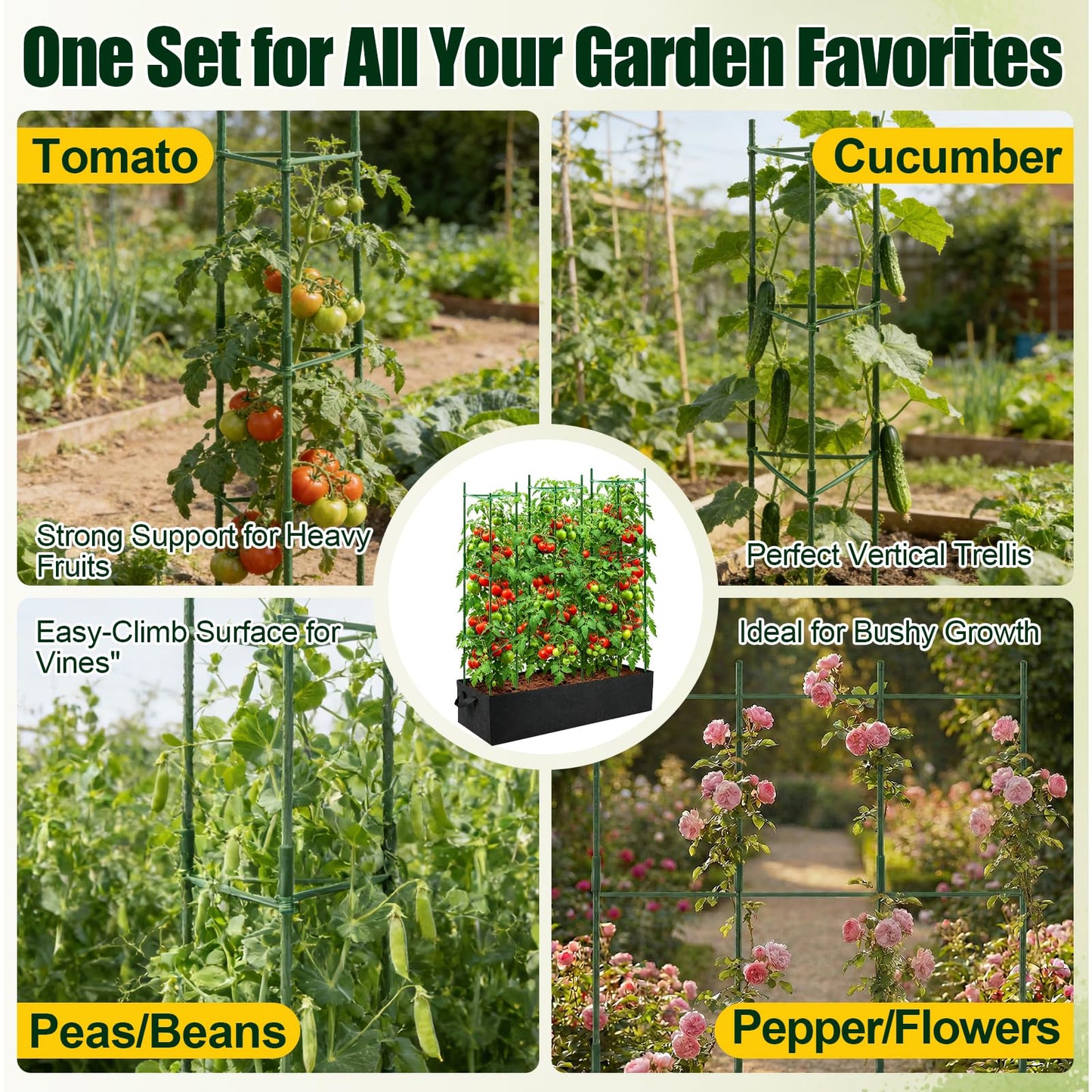 BobbleT 3 Pack Heavy Duty Tomato Cages with 57 Gallon Grow Bag, 48" Adjustable Tomato Trellis for Raised Garden Bed, Sturdy Triangle Plant Support for Climbing Vegetables, Cucumbers & Garden Plants