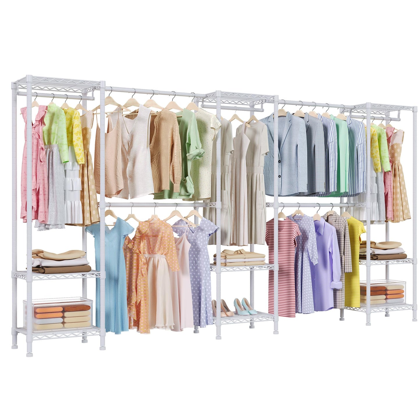 Higeego H11 Heavy Duty Garment Rack, Clothing Rack for Hanging Clothes, Extra Large Closet, Freestanding Wardrobe Closet Organizer and Storage with Hanger Rods, Extendable from 7.8 to 10.8 ft, White