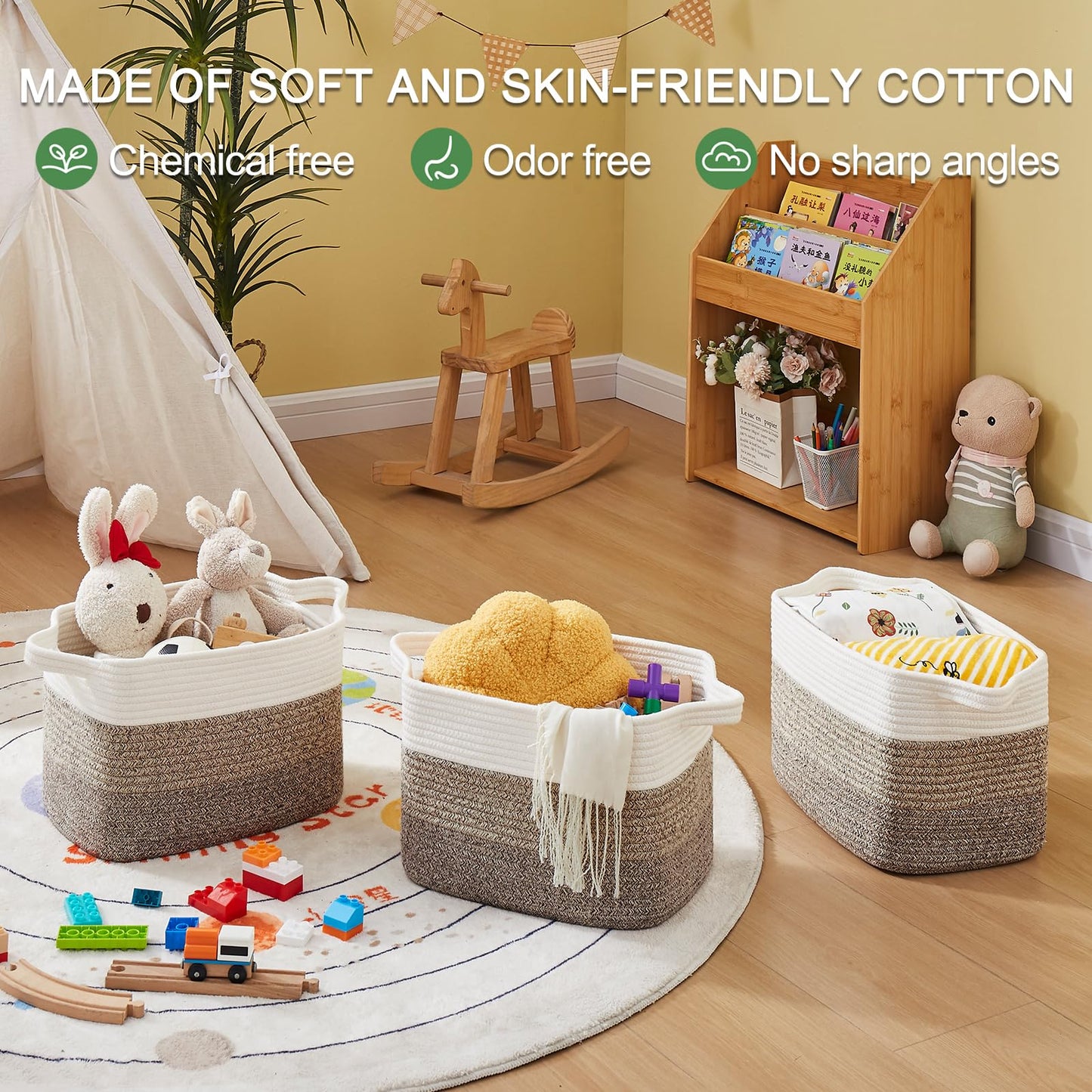 OIAHOMY 3 Pack Storage Basket, Woven Baskets for Storage, Cotton Rope Basket for toys,Towel Baskets for Bathroom,Brown