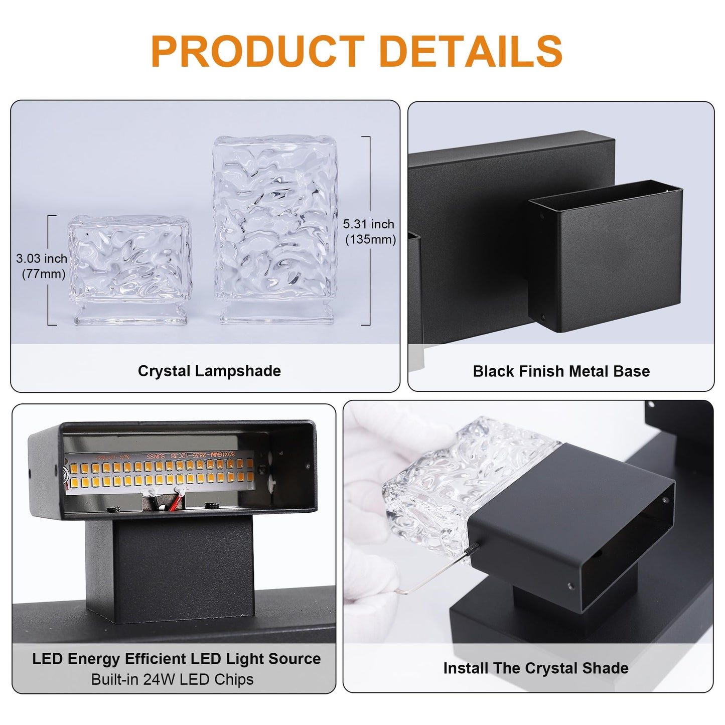 VINLUZ 3 Light Modern Bathroom Lighting Fixture Over Mirror in Matte Black Finish,3000K Dimmable Crystal Wall sconces LED Hardwired Vanity Light for Hallway Gallery