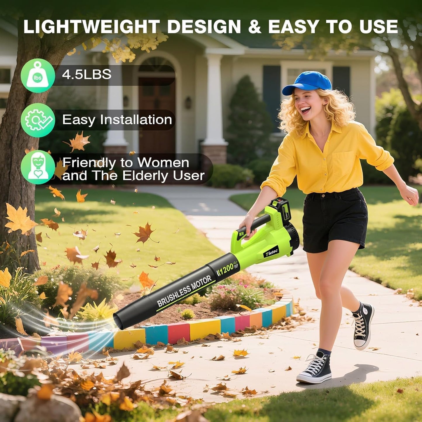 Tietoc Leaf Blower Cordless, 1200W Brushless Electric Leaf Blower with 2 X 4.0Ah Battery, 6 Speed Powerful Leaf Blowers for Garden, Patio, Lawn Care, Gift for Men Dad Husband Fathers (Light Green)