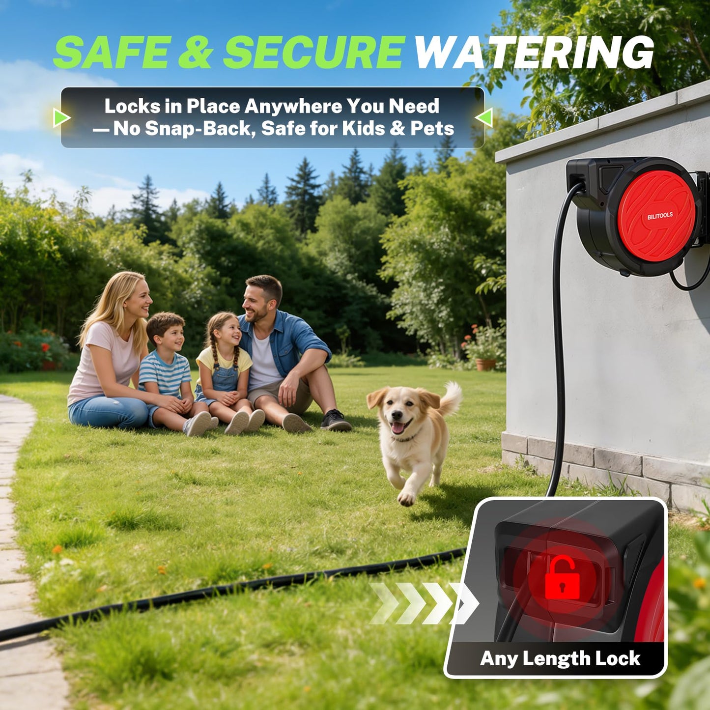 BILITOOLS Retractable Garden Hose Reel 1/2 in x 50 ft, Wall Mounted Water Hose Reel with Any Length Lock, Slow Auto Rewind Anti-Tangle System, 180° Swivel Bracket & 10-Pattern Spray Nozzle for Yard