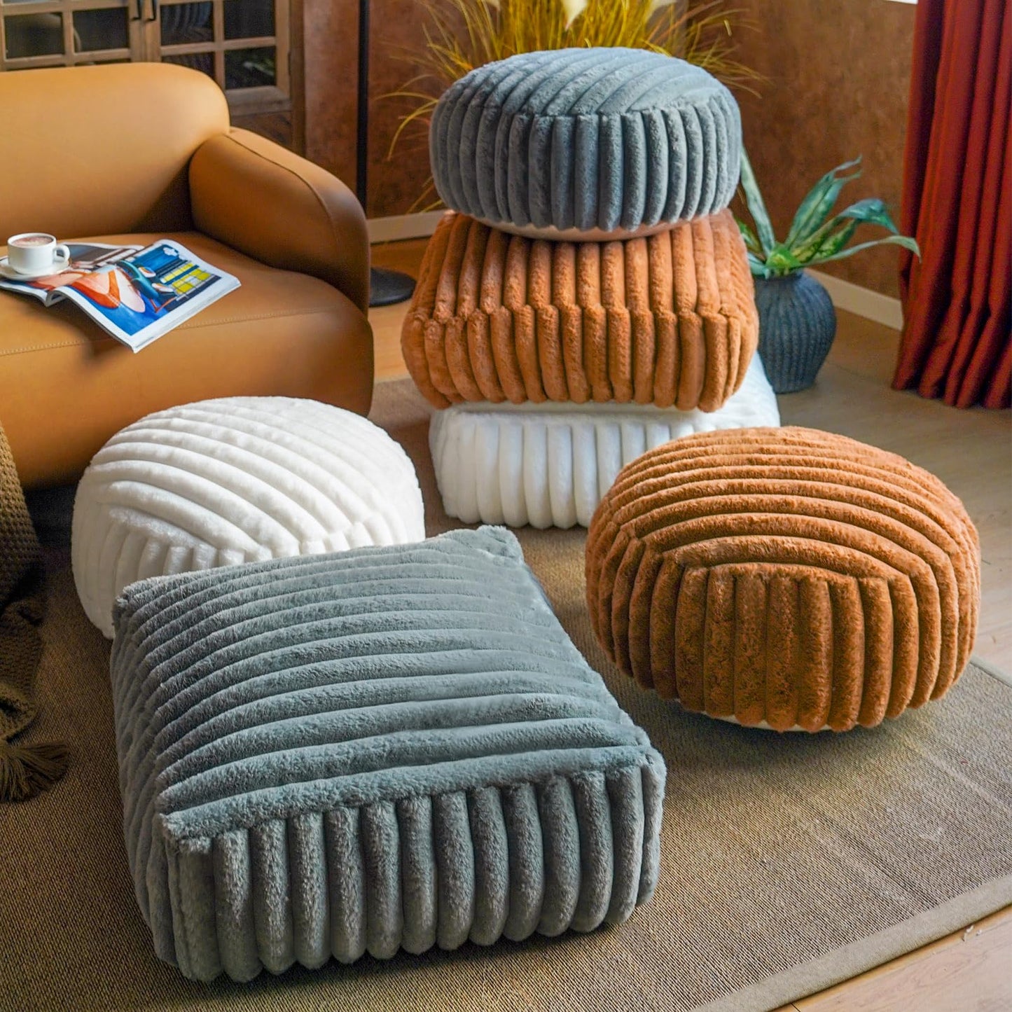 Artbloss Unstuffed Pouf Ottoman Soft Bean Bag Storage Farmhouse Pouf Cover 20x20x8 Inches Decorative Floor Footrest for Living Room Bedroom Outdoor (Caramel, Round)