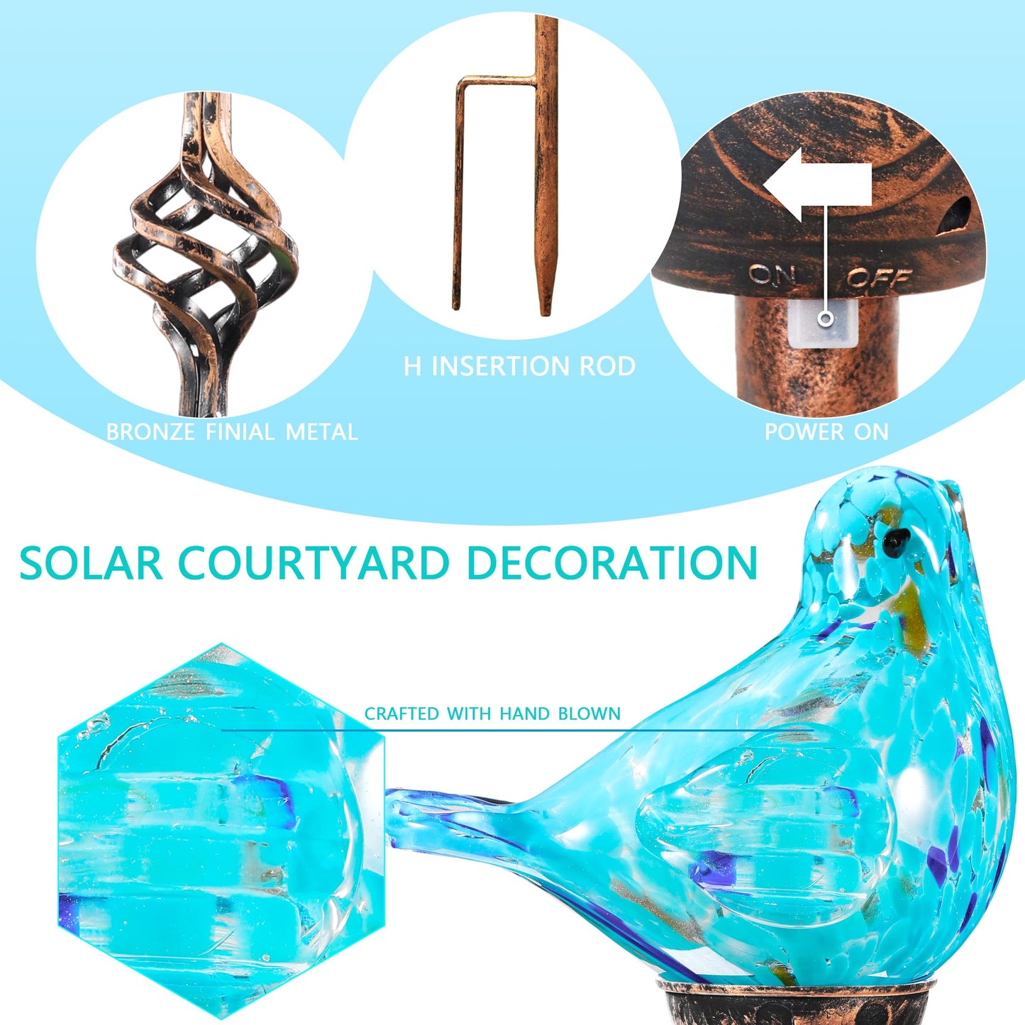 Naboher Decorative Solar Lights, Outdoor Solar Bird Stake Lights, Hand Blown Glass Decorative Garden Pathway Lights Outdoor Waterproof Glass Stakes (Light Blue)