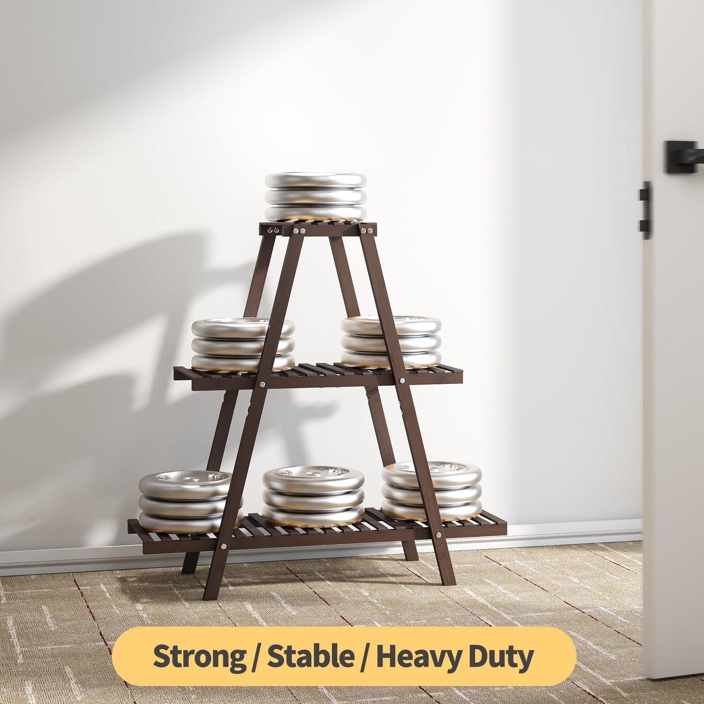 Furshus Plant Stand Indoor, Outdoor bamboo Plant Rack for Multiple Plants, 3 Tier 8 Potted Flower Holder Ladder,Plant Shelf Ladder Table Plant Pot Stand for Living Room, Patio, Balcony (Brown)