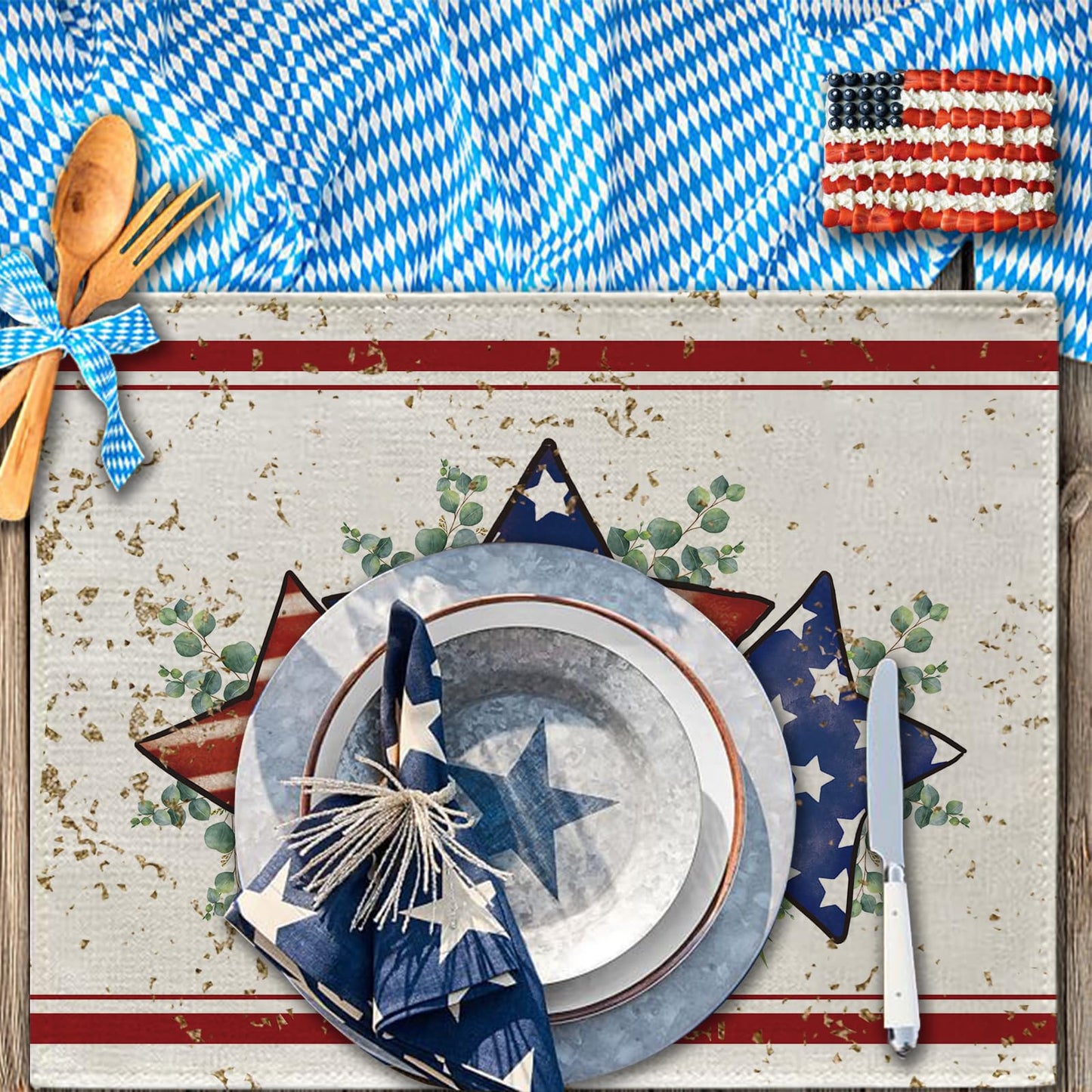 GPGHE 4th of July Placemats Set of 4 America Flag Stars Stripe 12x18 Inch Burlap Table Mats Patriotic Memorial Day Independence Day Seasonal Holiday Kitchen Dining Home Outdoor Party Table Decoration