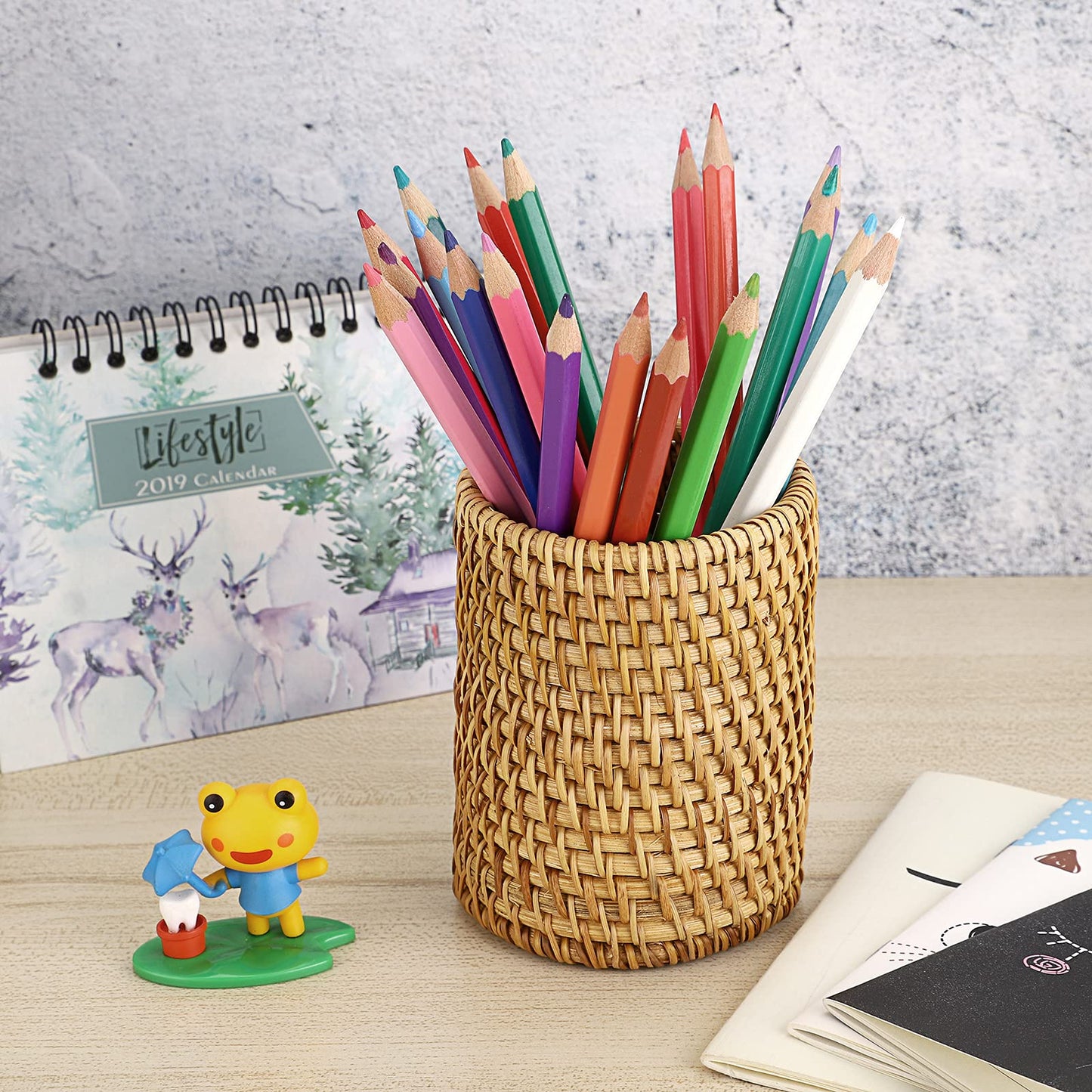 BTSKY Rattan Pen Cup, Handmade Desk Pencil Holders Makeup Brush Holder Multi-Functional Woven Basket Office&Home Desktop Organizer(Cylinder)