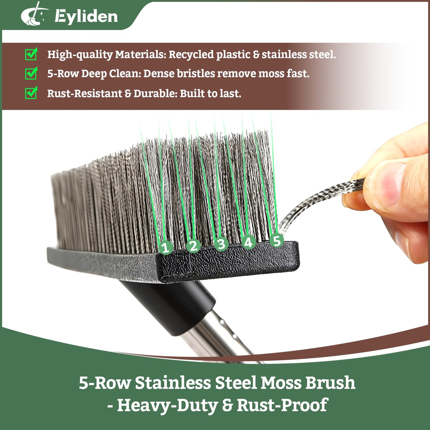 Eyliden Push Broom, Heavy Duty Moss Wire Scrub Brush with Stainless Steel Bristles, 65" Long Handle, Scrubber Brush for Deck, Floor, Concrete, Roof, Patio, Pool Outdoor Cleaning