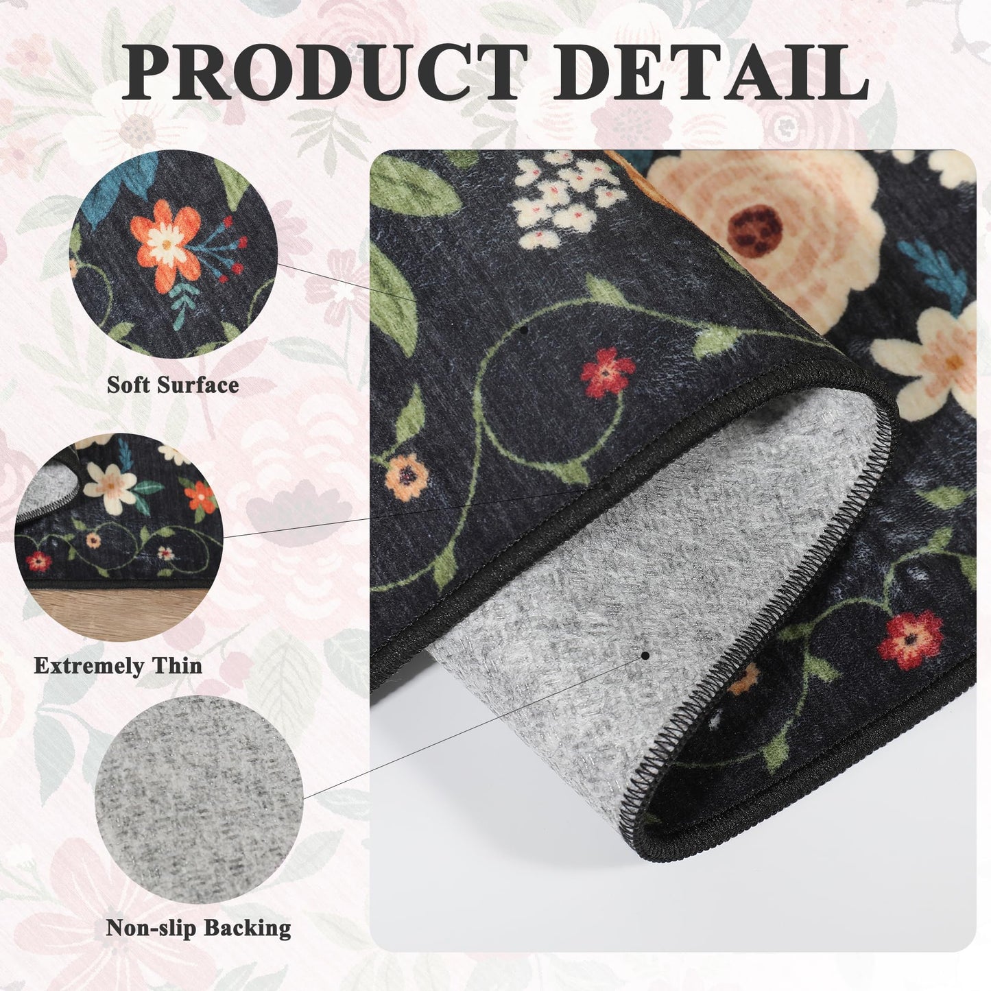 DUKINO 2x6 Runner Rug for Hallway, Washable Kitchen Runner Rug with Non Slip Backing, Low Pile Soft Boho Floral Runner for Kitchen, Hallway, Entryway, Laundry, Bedroom, Black