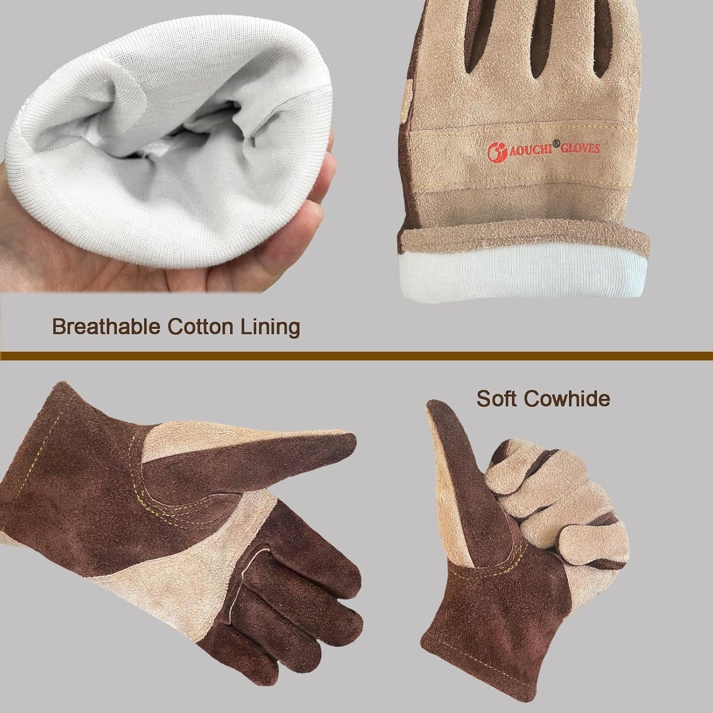 AOUCHI Leather Gardening Gloves for Men, Work Gloves for Welding, Construction, Chainsaw, Farm, Ranch, Yard Work, Abrasion Resistant, Cactus Thorn Proof (Brown, Large)