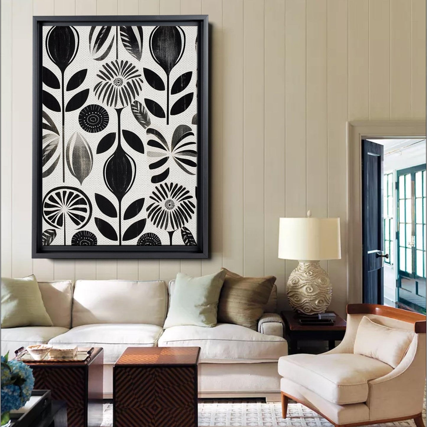 Scandinavian Folk Art, Black and Beige Abstract Botanical Wall Art for Scandinavian Home Decor