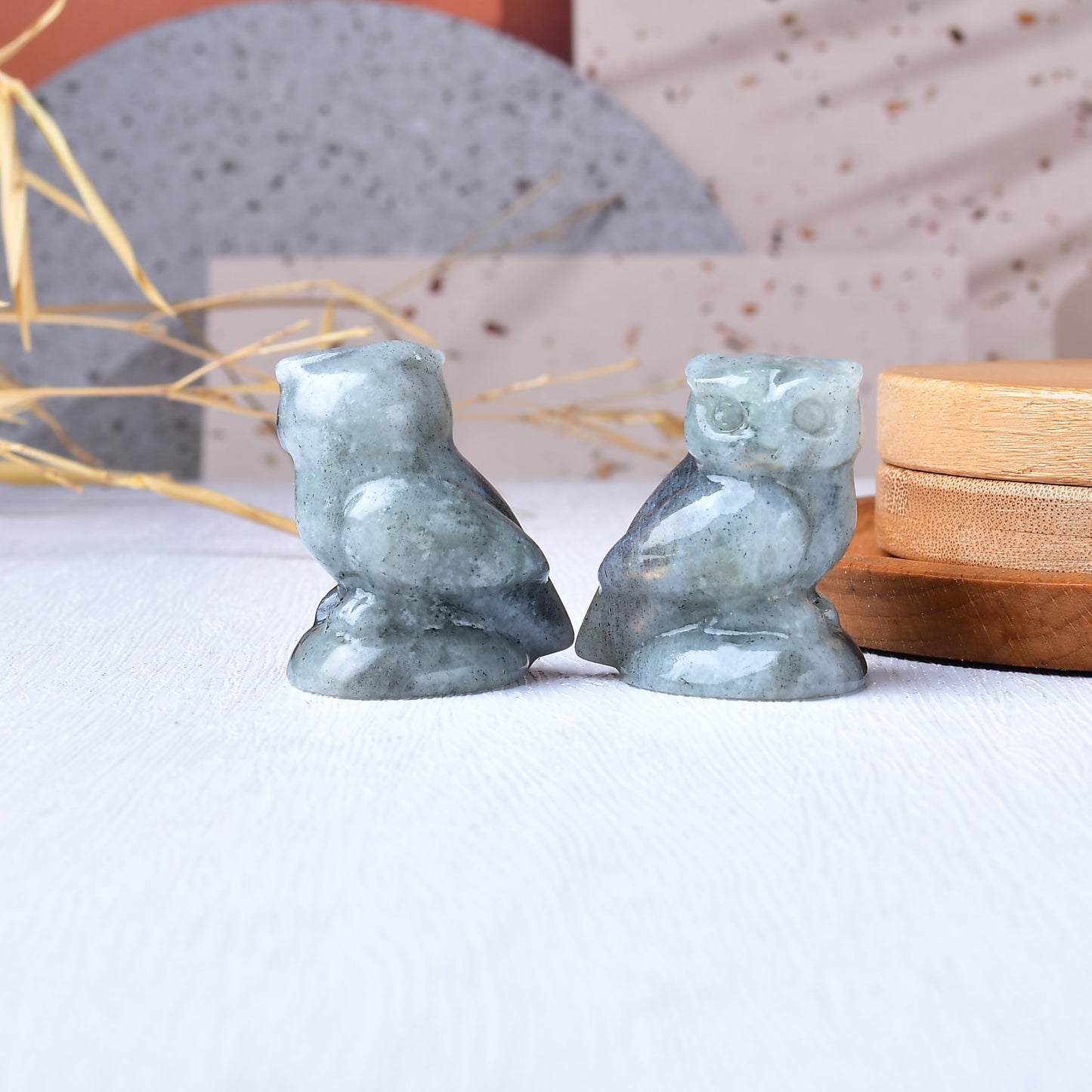 WUYOUSHI Moonstone Crystal Owl Figurine Hand Carved Lucky Stone Statue for Healing Home Office Decor Spiritual Gift for Women Men