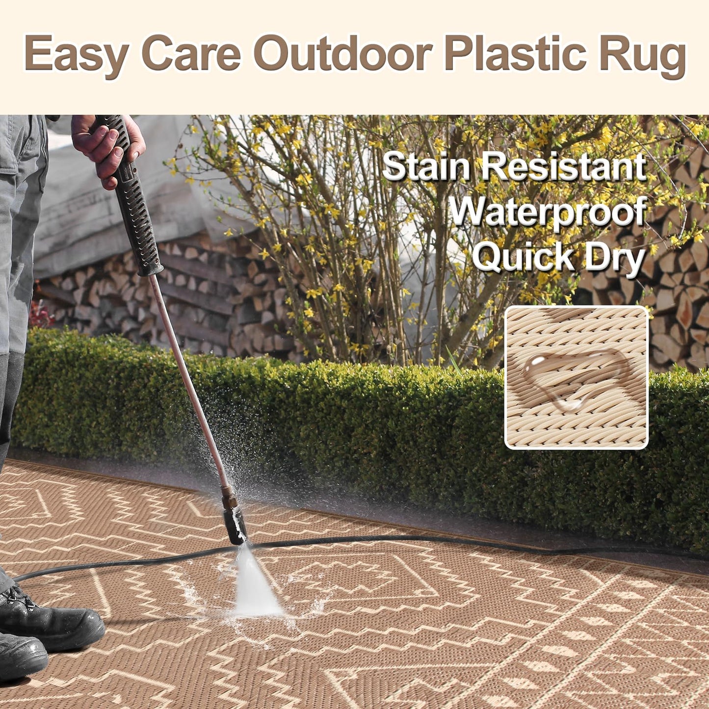Wonnitar Outdoor Rugs 8x10 Waterproof Plastic Straw Rug, Large Outdoor Camping Rug for RV, Reversible Portable Outside Lightweight Area Rug for Backyard Balcony Beach Picnic (Beige & Brown,8'x10')