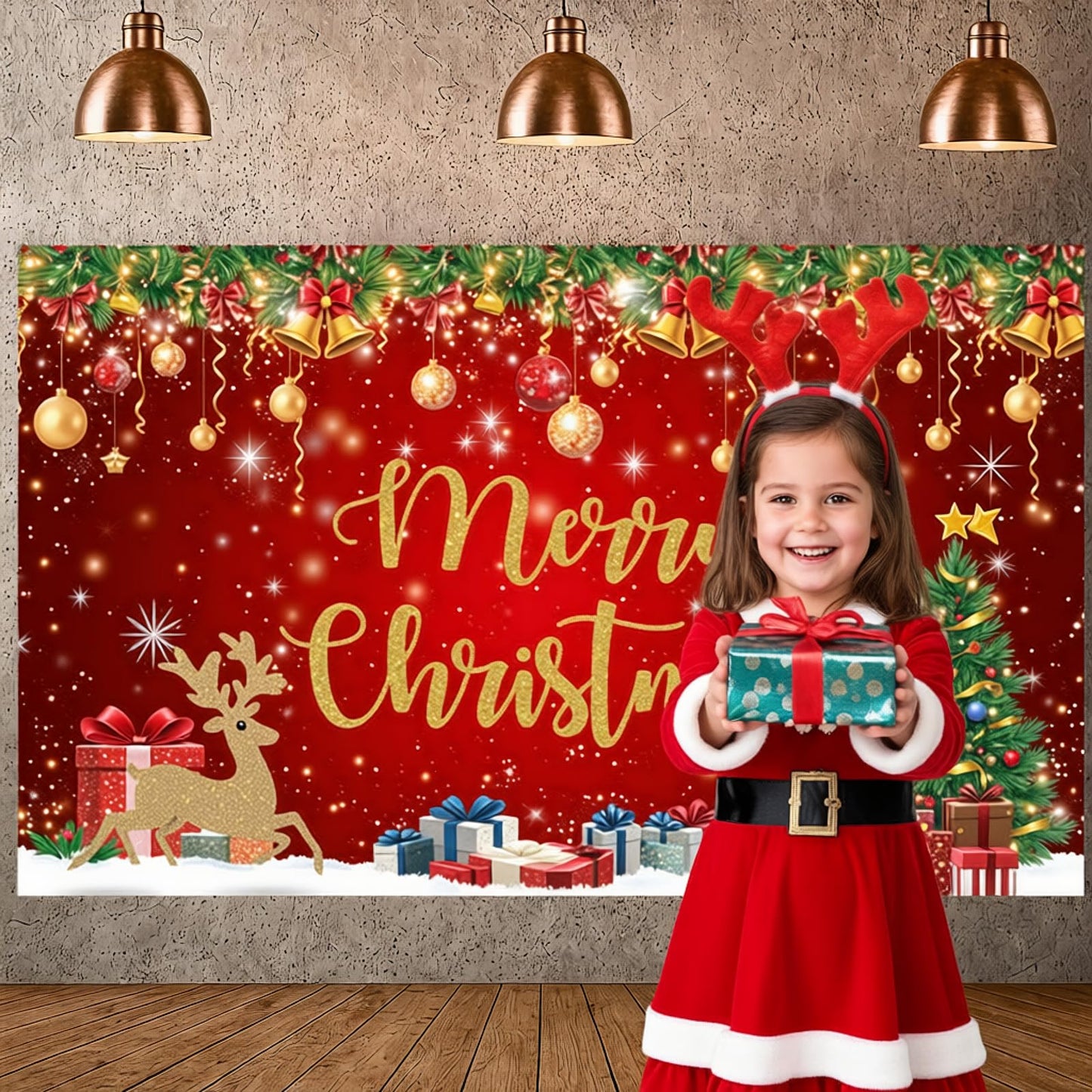 Red Gold Merry Christmas Banner Festive Party Backdrop Xmas Decorations for Home Office Christmas Eve Holiday Celebration