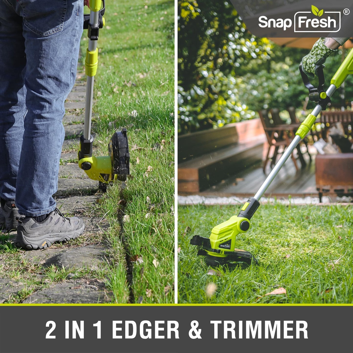 SnapFresh 20V Cordless String Trimmer, 12" 2-in-1 Weed Wacker and Lawn Edger with Wheels, 8000 RPM Auto Feed Spool, 2.0Ah Battery and Fast Charger Included, Lightweight Battery Powered Weed Eater