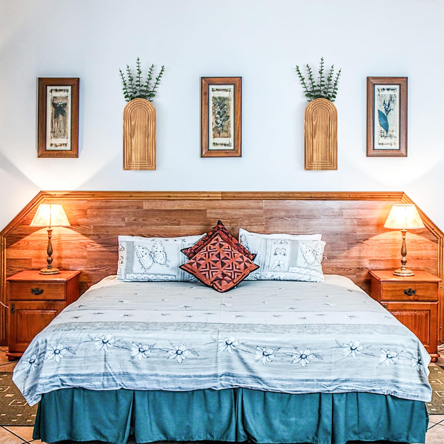 2 Pcs Wooden Wall Vase Set for Decor with 10pcs Artificial Eucalyptus Plants-Boho Hanging Planter Modern Farmhouse Wall Decor for Bathroom Living Room Dining Room Bedroom Kitchen