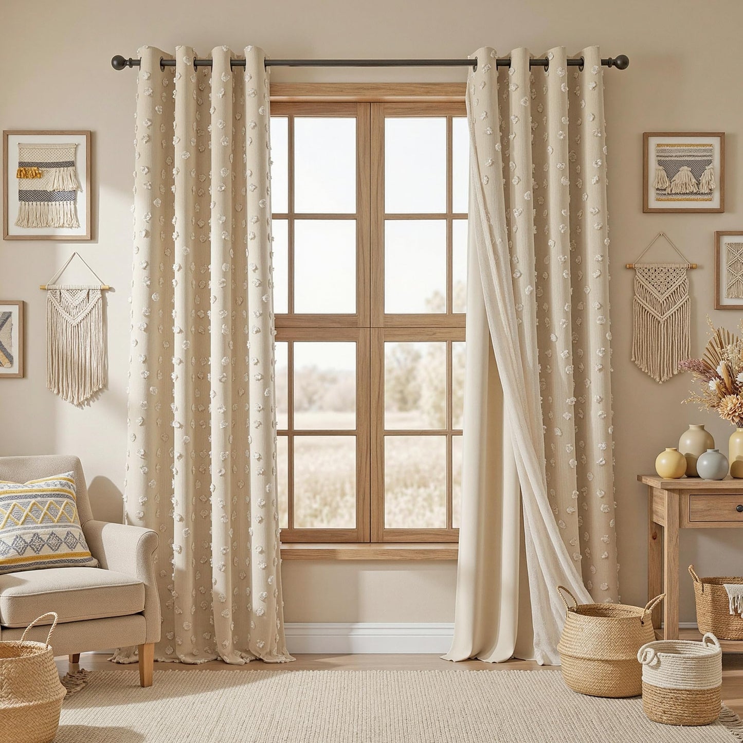 MYSKY HOME Beige Boho Curtains for Living Room 84 Inches Long Blackout Bohemian Curtains 2 Panels Beige Pom Pom Sheer Thermal Insulated Rustic Grommet Privacy Room Darkening Window Drapes 52" x 84"