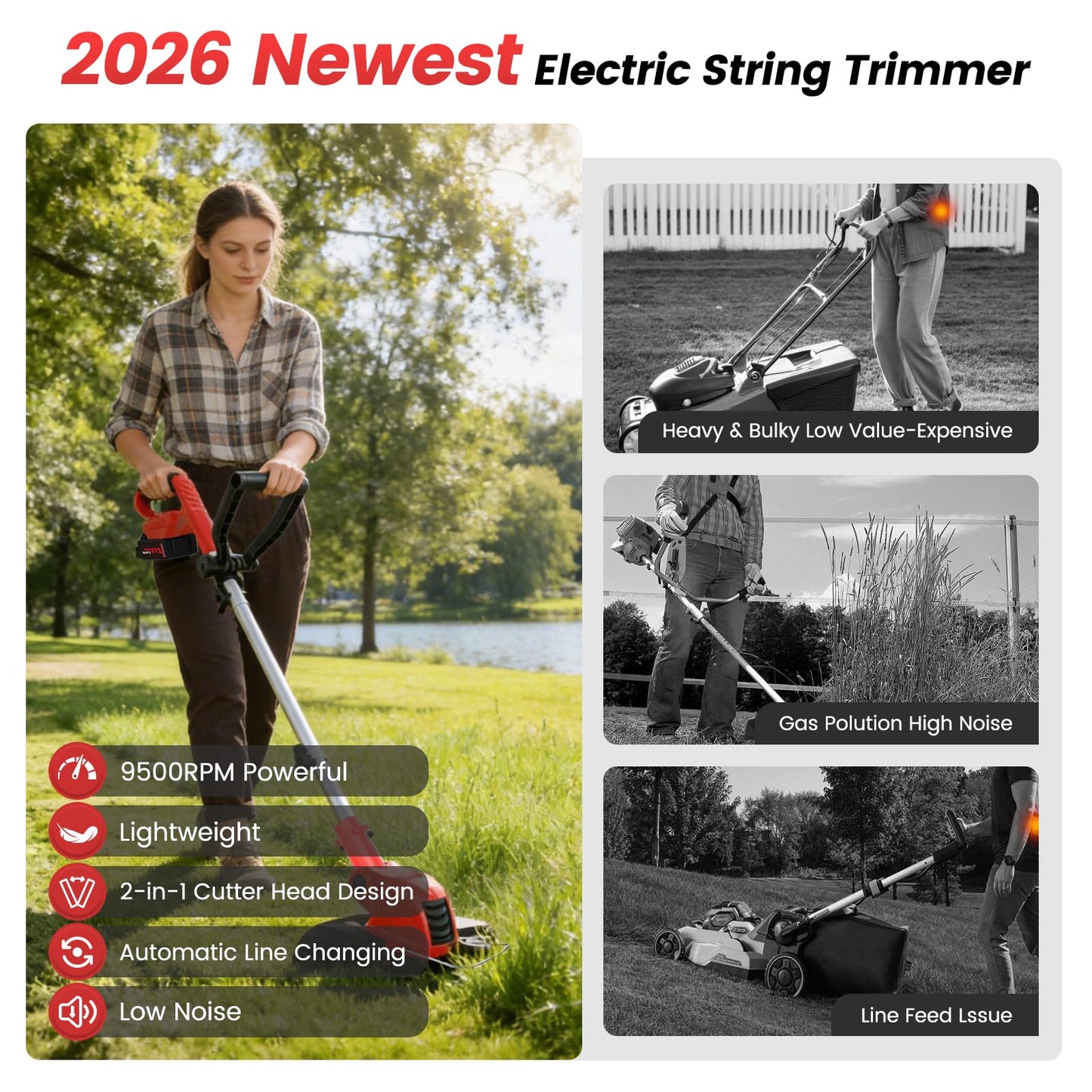 ALSO GO 21V Cordless String Trimmer, 2 * 2.5Ah Battery with Fast Charger, 12'' Weed Wacker with Auto Line Feed, 2-in-1 Weed Eater Battery Powered & Edger Lawn Tool with 10 Lines for Yard & Garden
