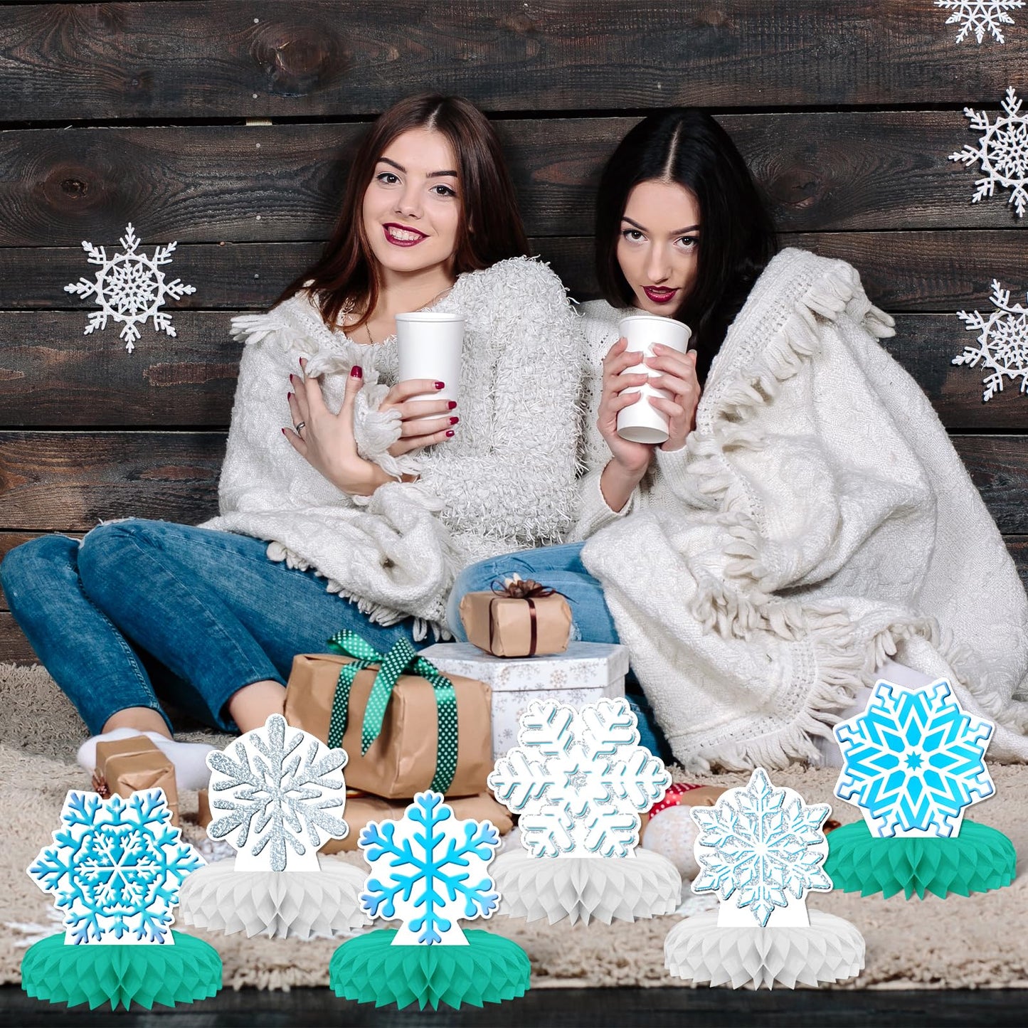 KSKSPE Winter Snow Theme Party Decorations, 9 PCS Honeycomb Centerpieces for Tables, 3D Winter Snow Theme Party Decor Supplies, Boys & Girls