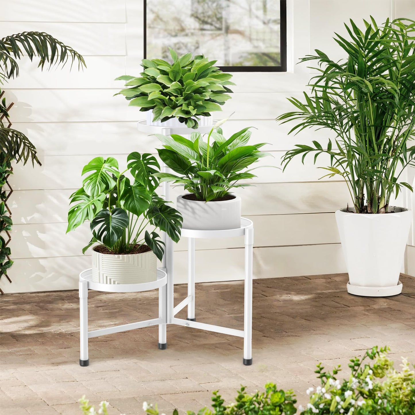 3 Tier Metal Plant Stand Indoor Outdoor, JOPBENG Corner Plant Shelf with 10 Inch Wide Tray,Flower Pot Display Holder Iron Rack Organizer Stand for Living Room Office Garden Patio Balcony Bedroom White