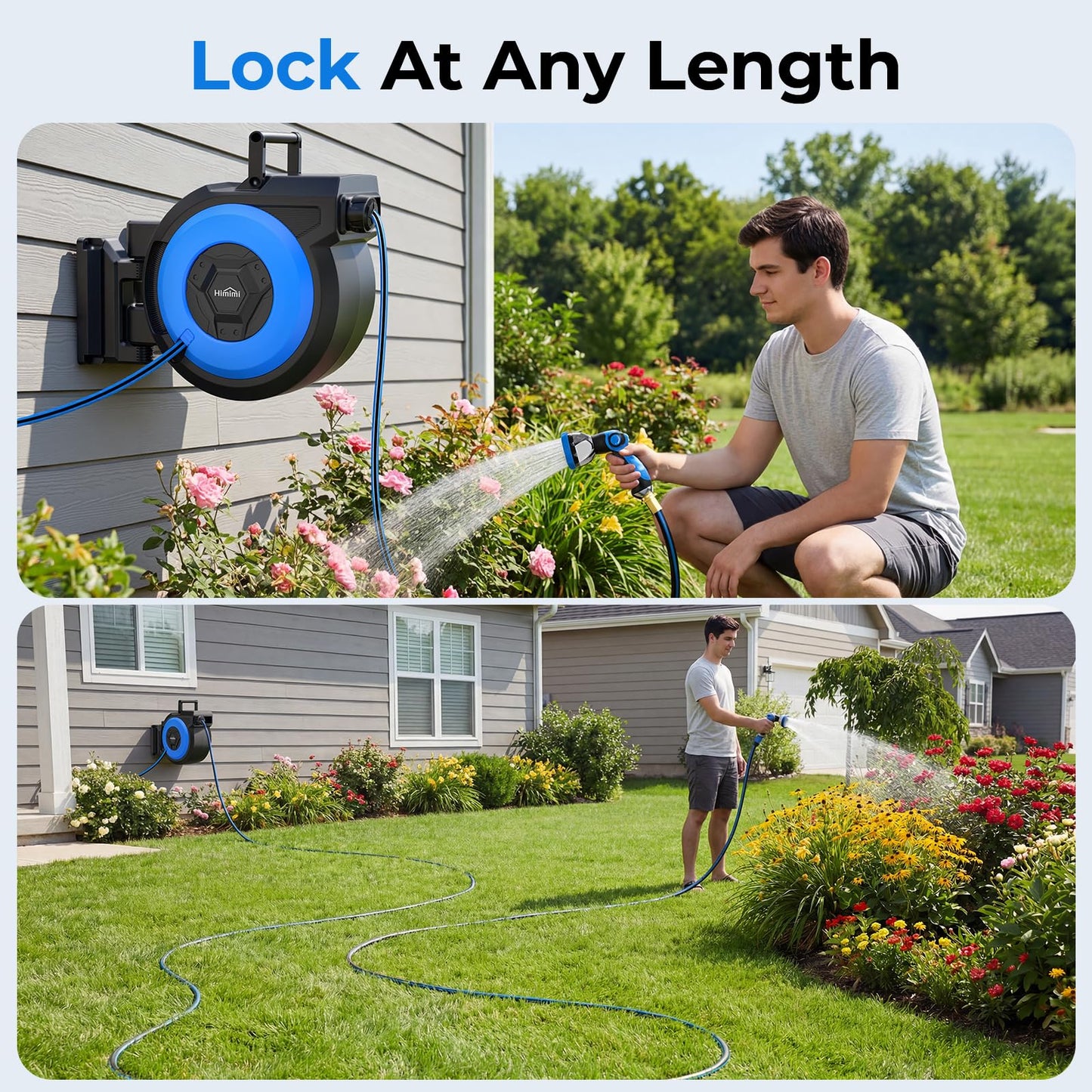 Retractable Garden Hose Reel, 5/8" x 90FT Automatic Retractable Water Hose Reel Wall Mount, with 10- Function Sprayer Nozzle, Any Length Lock/Auto Rewind/180°Swivel