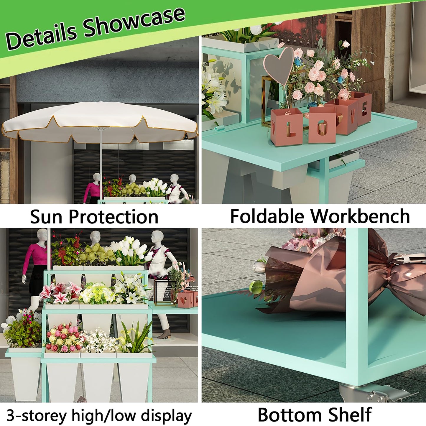 Metal Outdoor Flower Display Stand with Flower Display Stand with 18 Buckets, Flower Cart Display Stand with Wheels，Flower cart for Florist, Patio Garden(Color:Blue,Pink,White) (White)