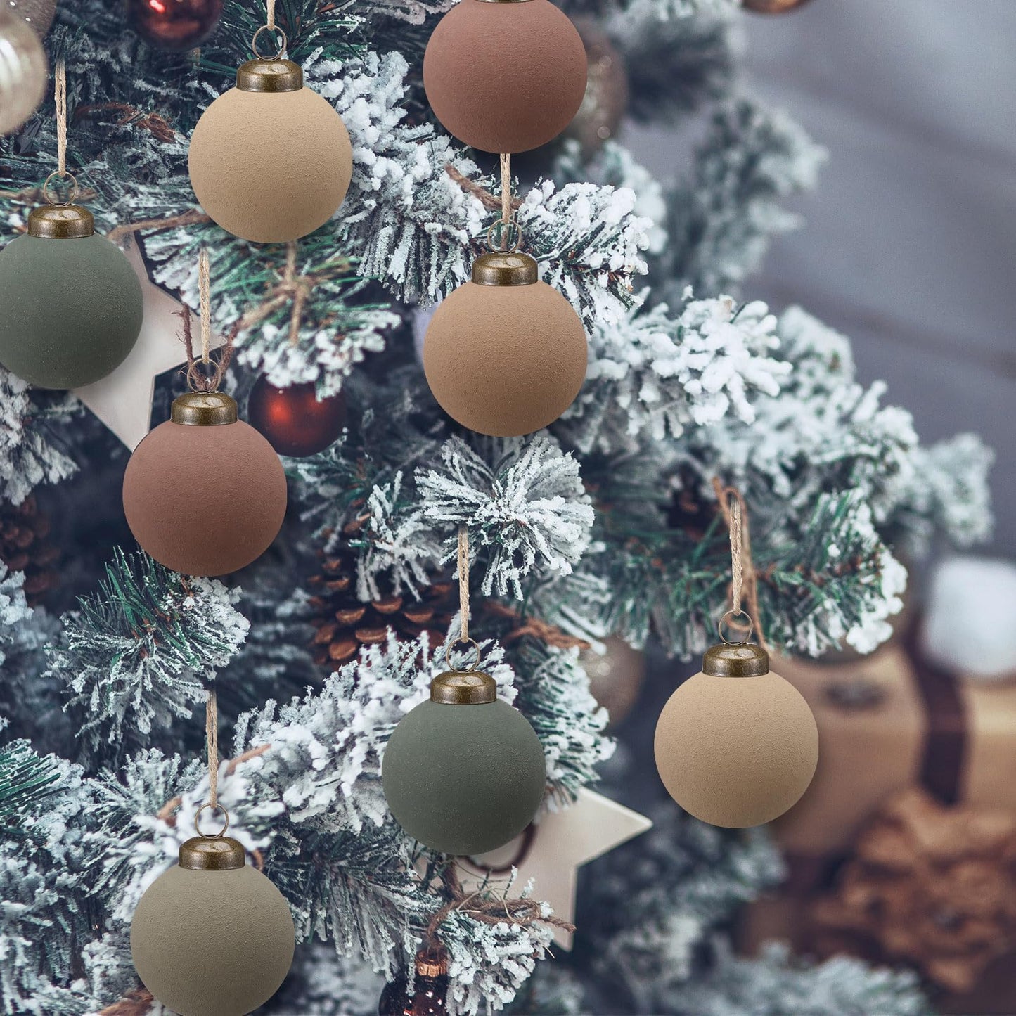 15 Pcs Neutral Matte Christmas Ball Ornaments 2.36'' Textured Rustic Boho Brown Taupe Pine Green Xmas Ball Ornaments Modern Christmas Decor Shatterproof Hanging Tree Decor for Home Indoor