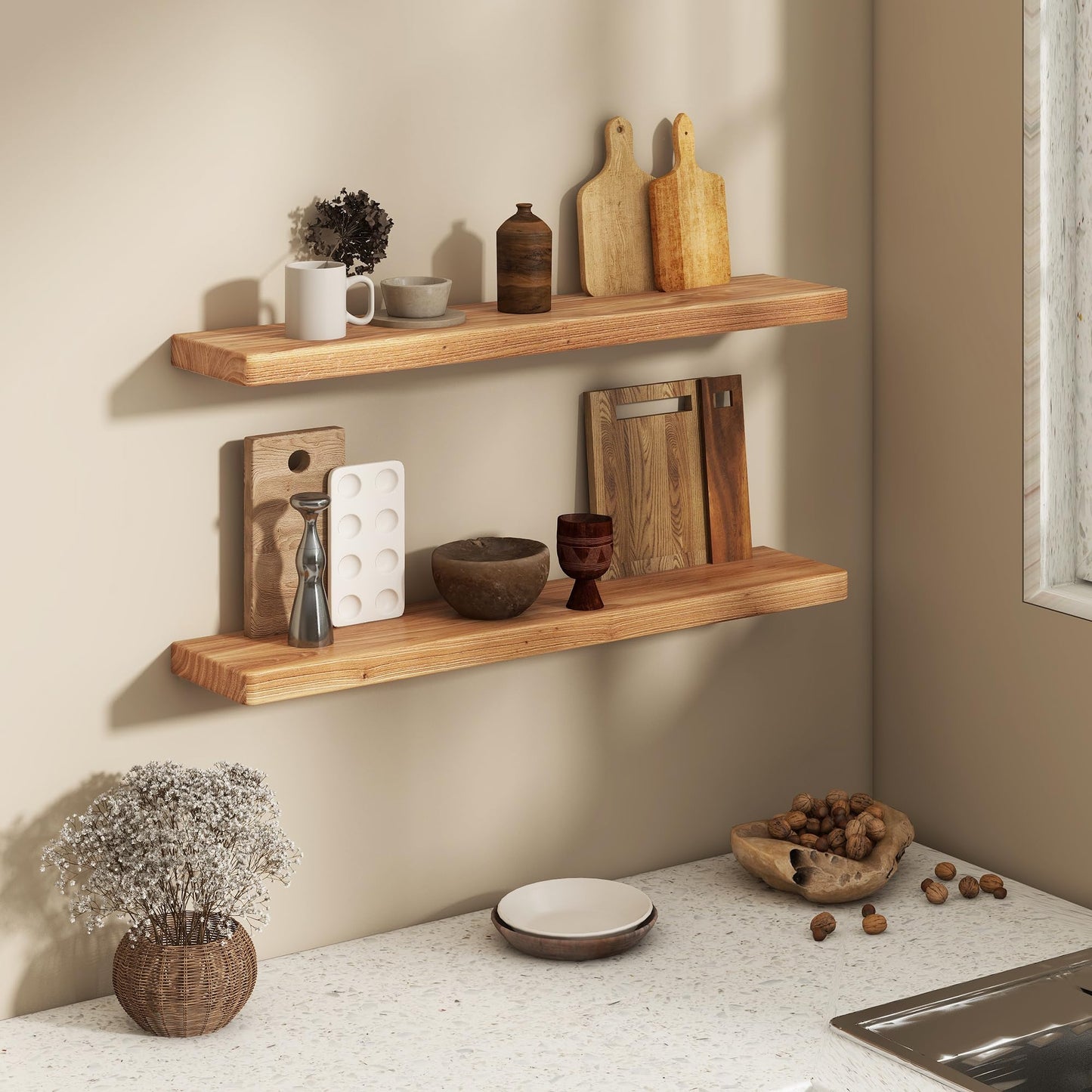 Fun Memories 36 Inch Floating Shelves for Wall, Solid Elm Wood Wall Shelf for Home Decor, Heavy-Duty Hardwood Floating Shelf for Bedroom, Bathroom, Living Room, Set of 2